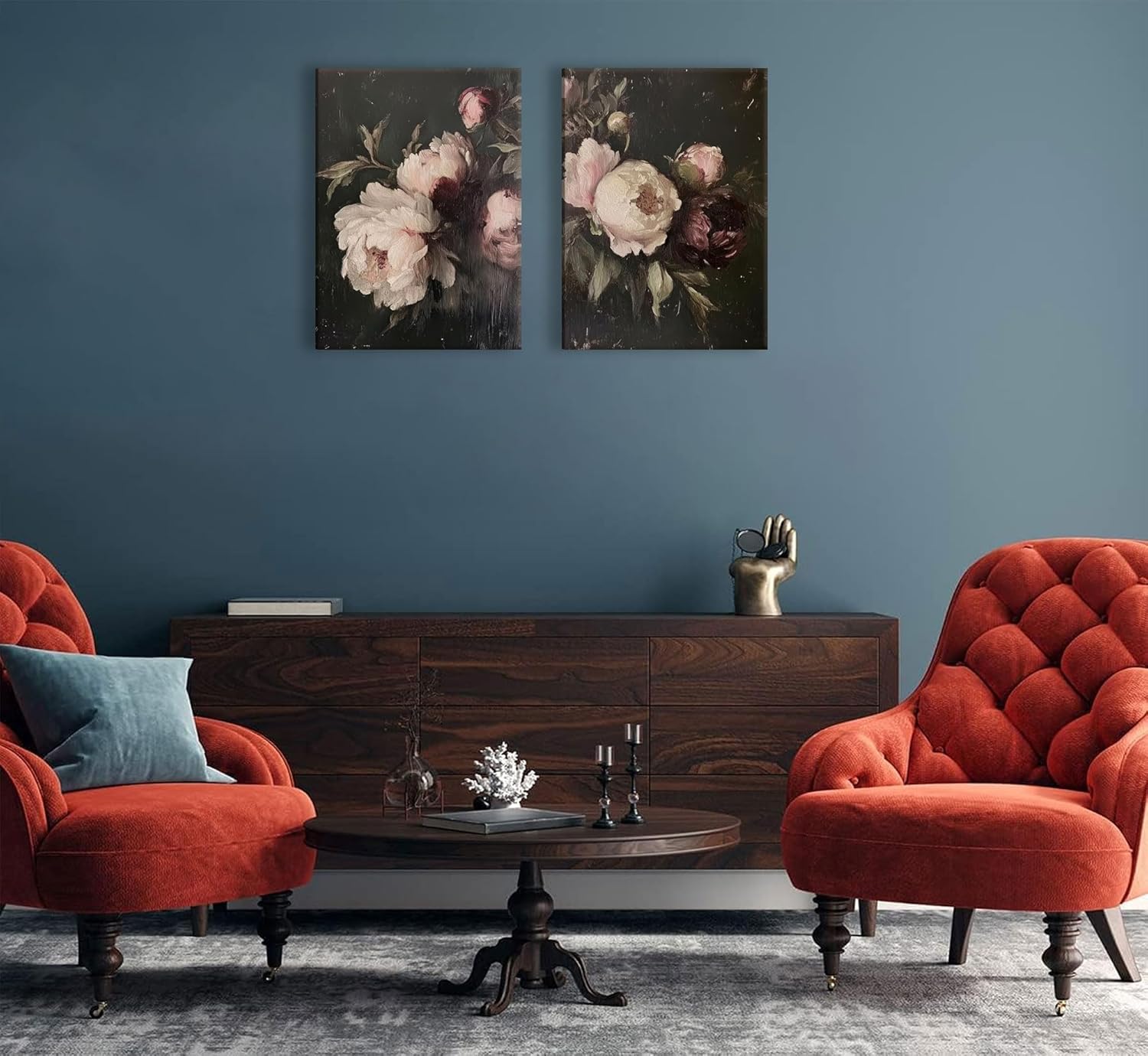 2pcs Vintage Peonies Flower Canvas Wall Art Classical Dark Pink Peonies Pictures Wall Decor Retro Moody Floral Botanical Still Life Posters Prints for Living Room Bedroom Room Home Decoration - Image 6