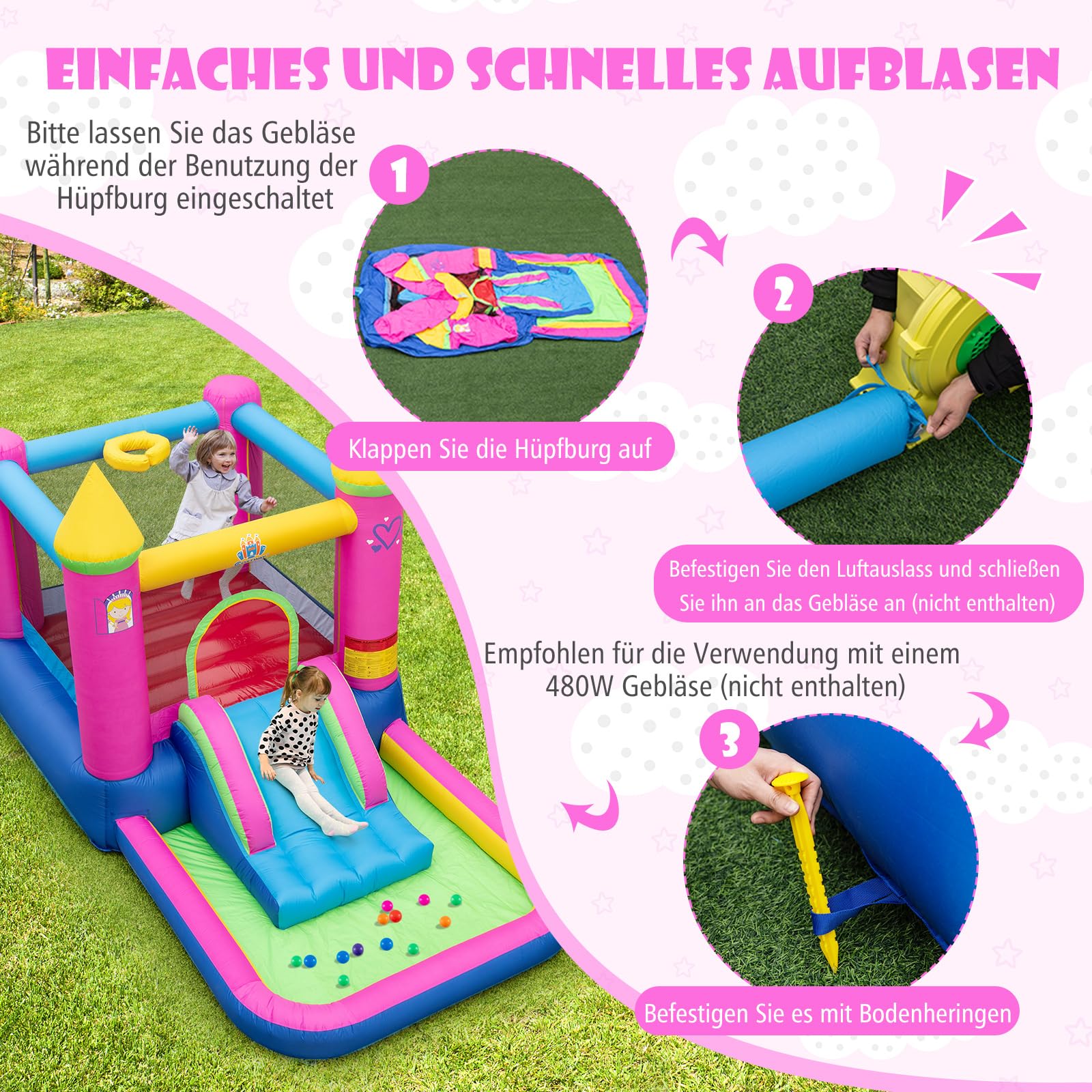 COSTWAY Hüpfburg mit Rutsche, Sprungbereich, Bällebad & Basketballkorb, für Indoor und Outdoor, inkl. Tragetasche, Reparaturset, 363 x 202 x 205 cm