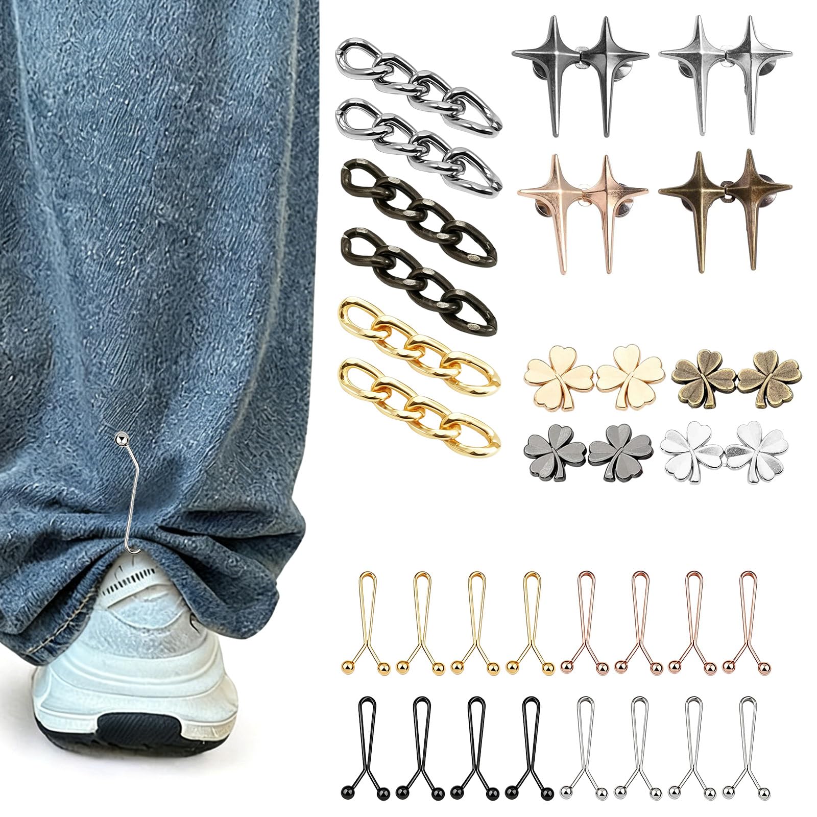 Hounyou Gold, Silver, Rose Gold 30Pcs Waist Tightener Clips Sets, Reusable No-Sew Adjustable Waistband Buckles, Metal Jean Clips To Tighten Waist, Waist Pins For Jeans, Pants, Skirts, Trousers (Gold, Silver, Rose Gold)