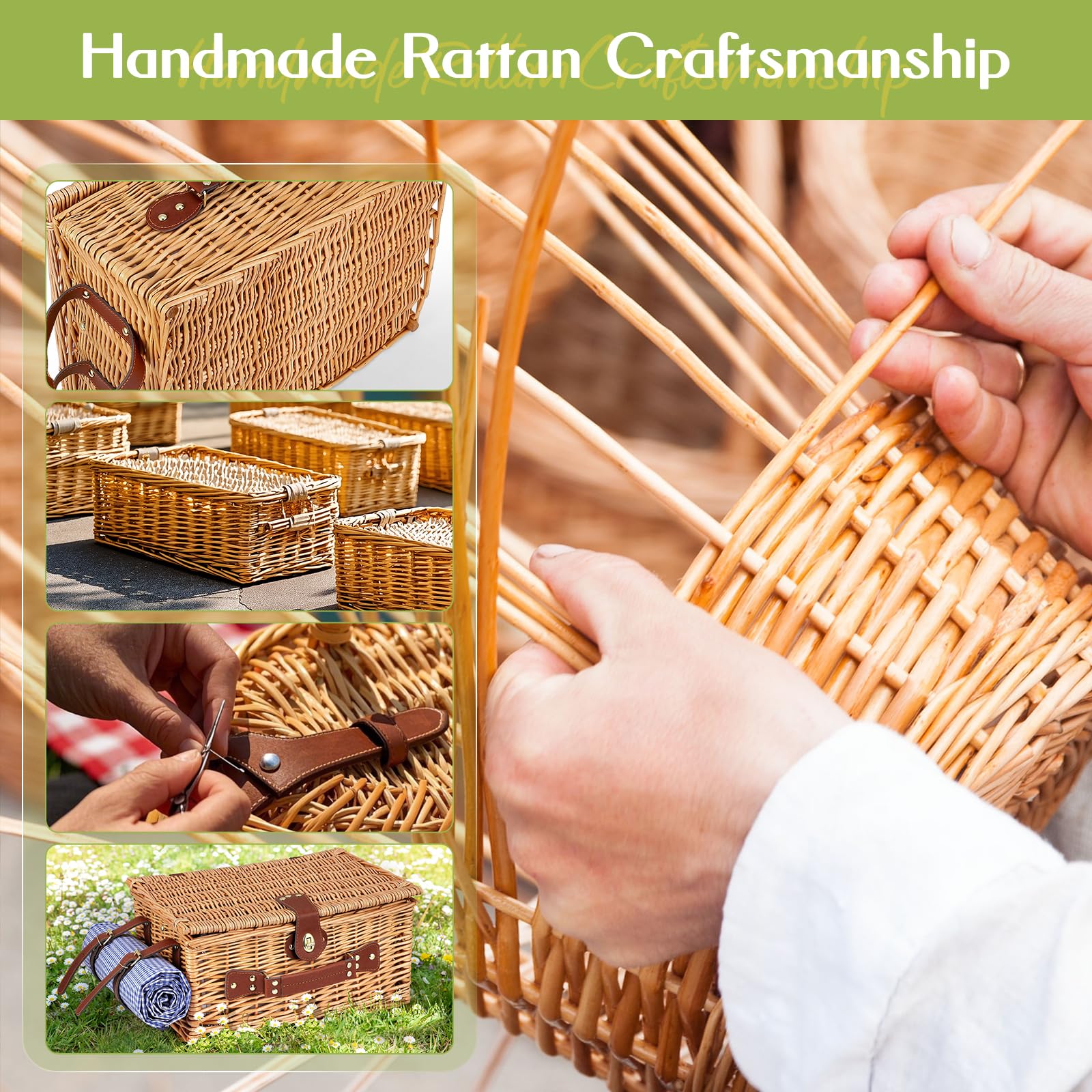 Cesta de Picnic Mimbre para 4 Personas, Cesta Trenzada a Mano con Aislamiento Integrado y Manta Impermeable – Set Completo con 4 Cubiertos, Platos, Vasos para Camping Playa jardín