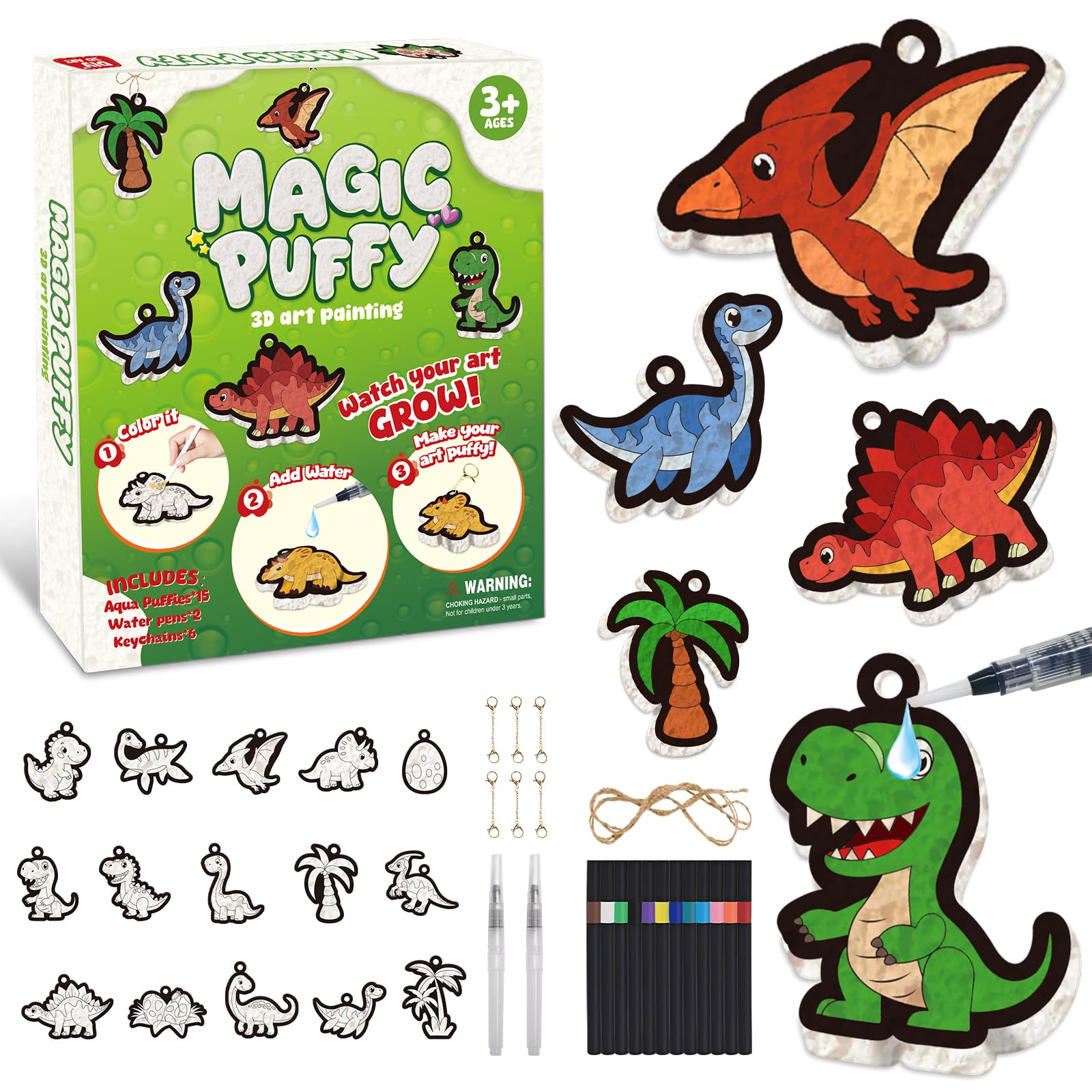 DkevEu 3D Puffy Art Kit - Aqua Puffs Arts and Crafts, Mess-Free Craft Kit for Kids, DIY Color & Inflate Activity, Creative Toys for Kids Age 4-10, Gifts for 4, 5, 6, 7, 8, 9 Years Old Boys (Dinosaur)