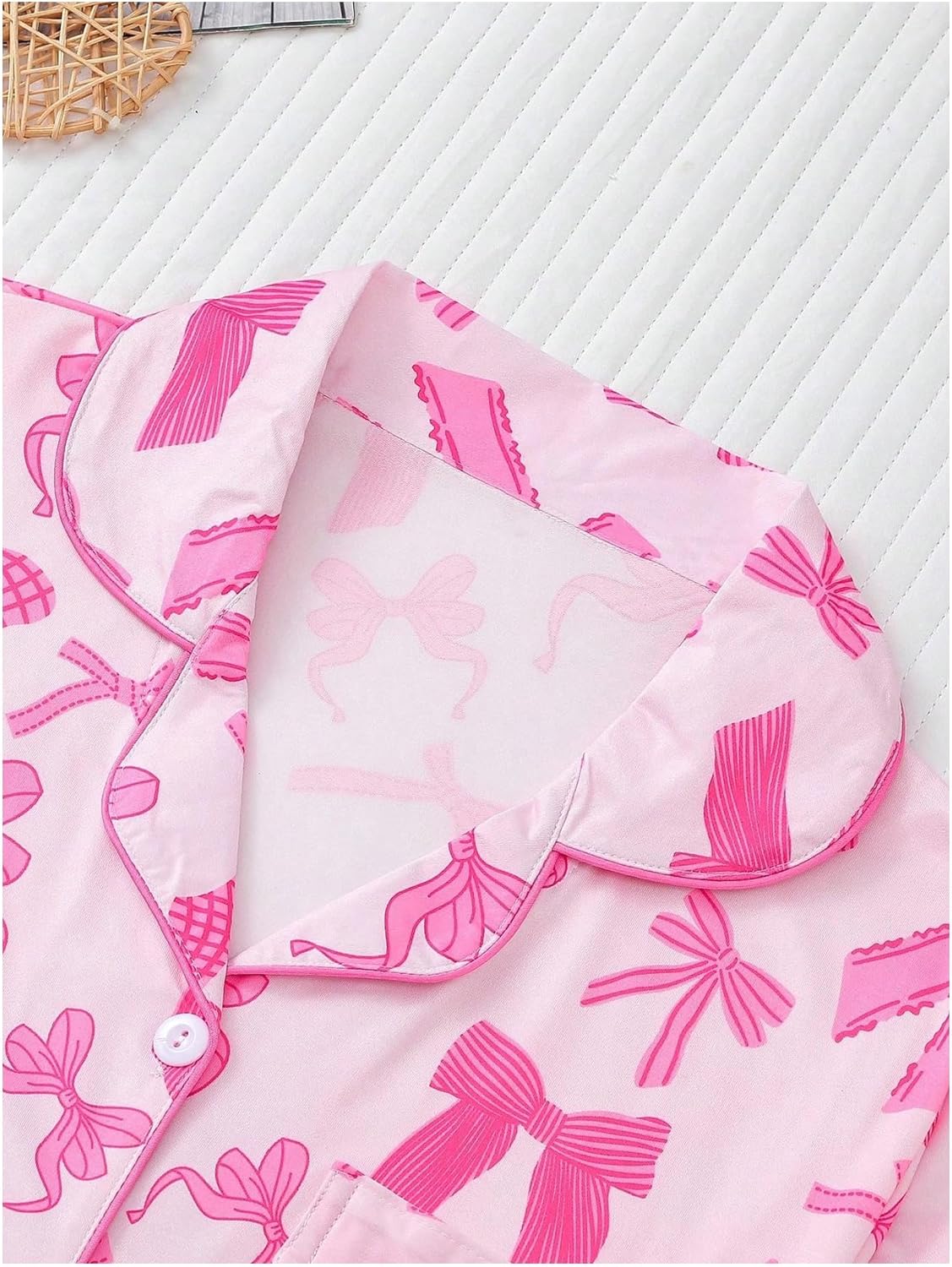 WDIRARA Women's 2 Piece Bow Print Pajama Set Short Sleeve Button Down Lounge Shorts Sleepwear Sets - Image 3