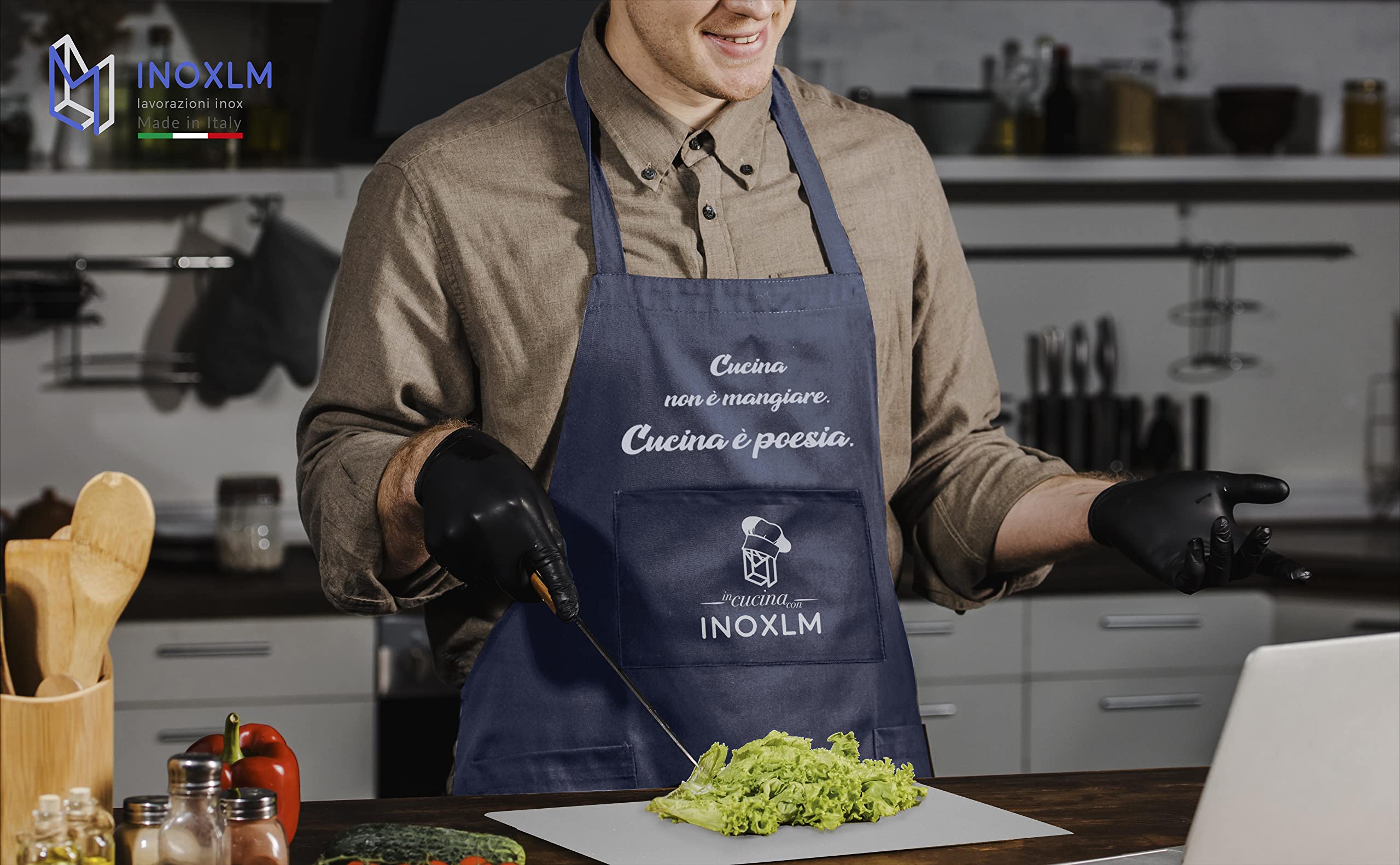 INOXLM Tablier de cuisine | Tablier homme | Tablier femme | Tablier de cuisine | Tablier de cuisine | Tablier hydrofuge | Gant de cuisine | Manique de cuisine | (Tablier + 2 maniques + 1 gant)