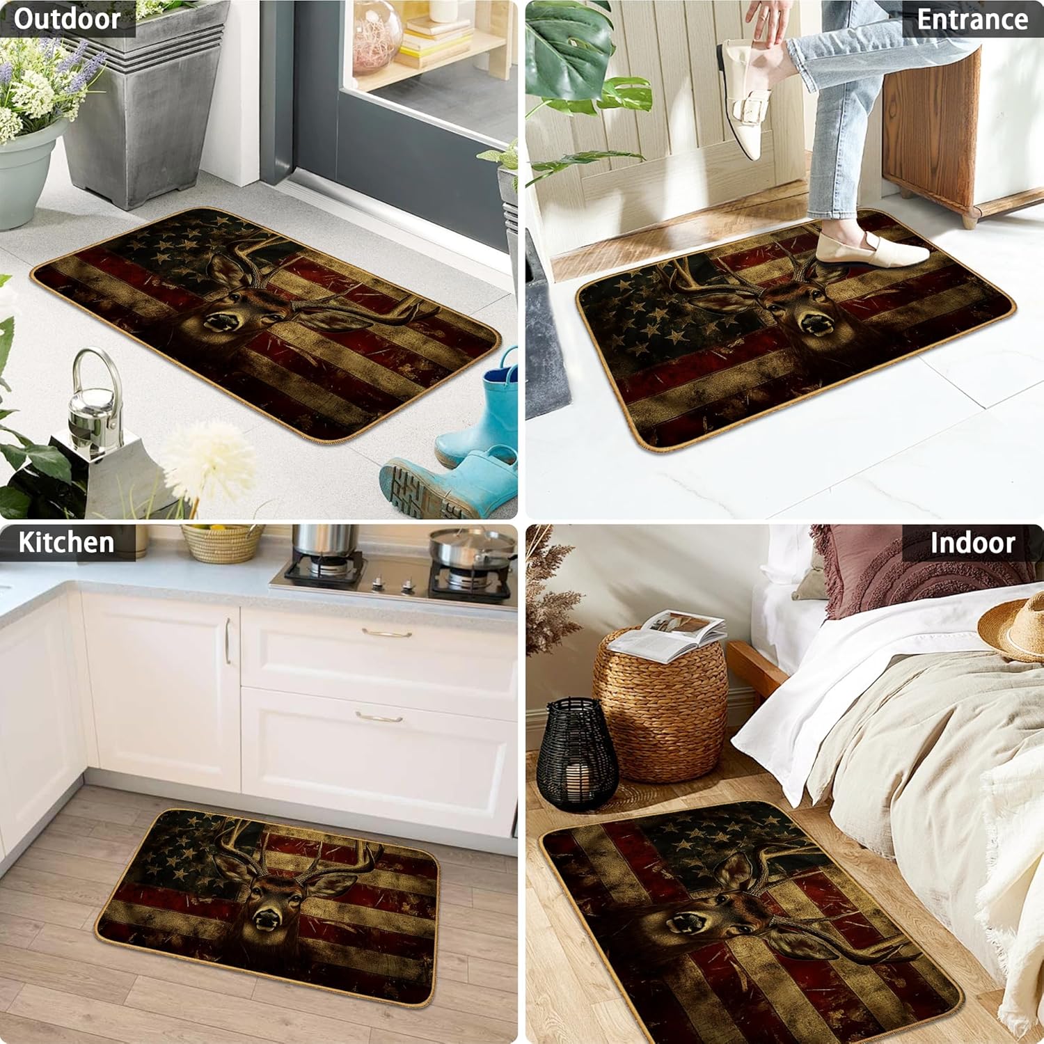 Deer American Flag Doormat Outdoor Entrance,Retro Antler Front Door Mat Decorative Indoor Outdoor Non-Slip Entryway Rug for Home Entrance Outside Entry Floor Patio 17x29 Inch