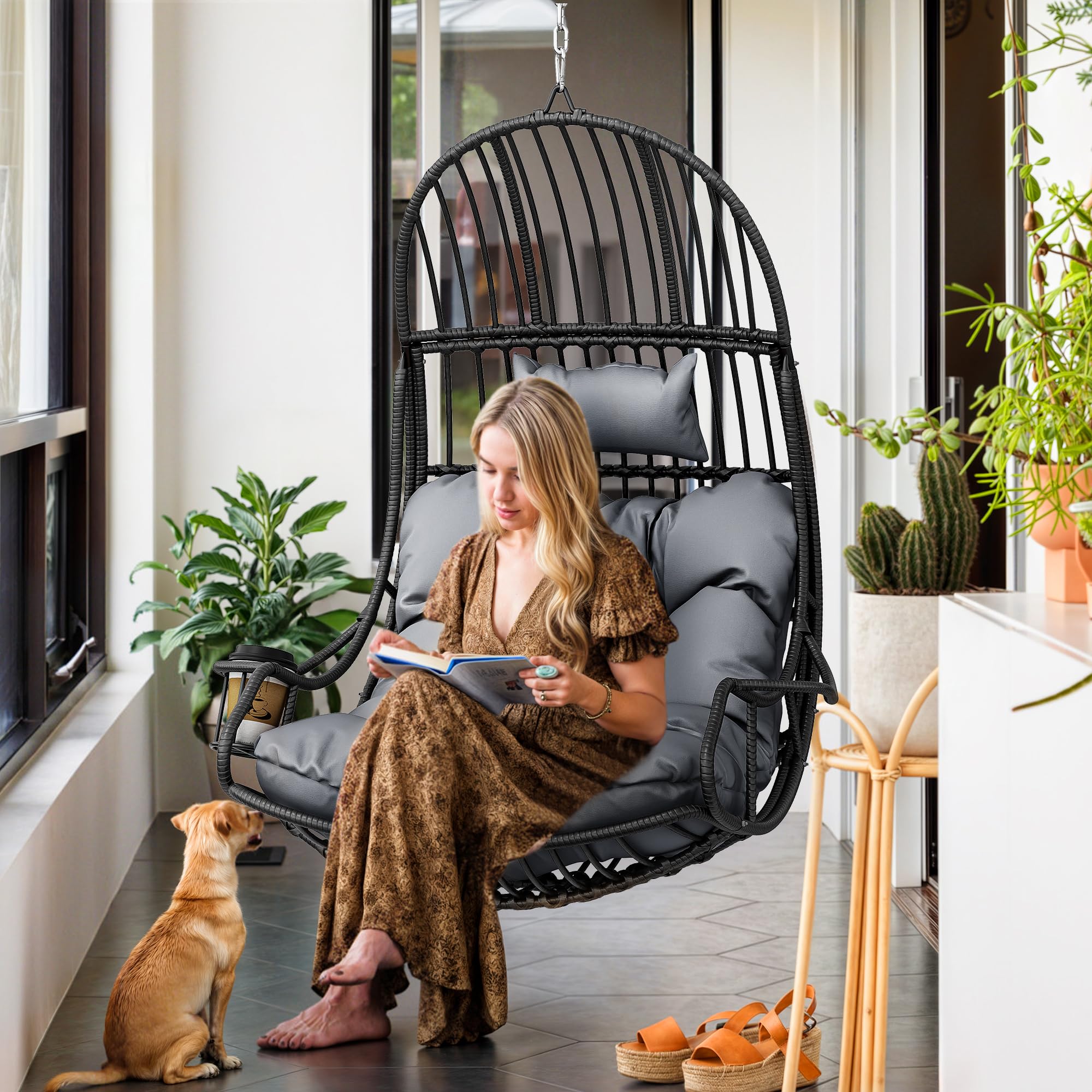 YITAHOME Silla Colgante de Ratán (150 kg), con Cojín y Portavasos, Gris