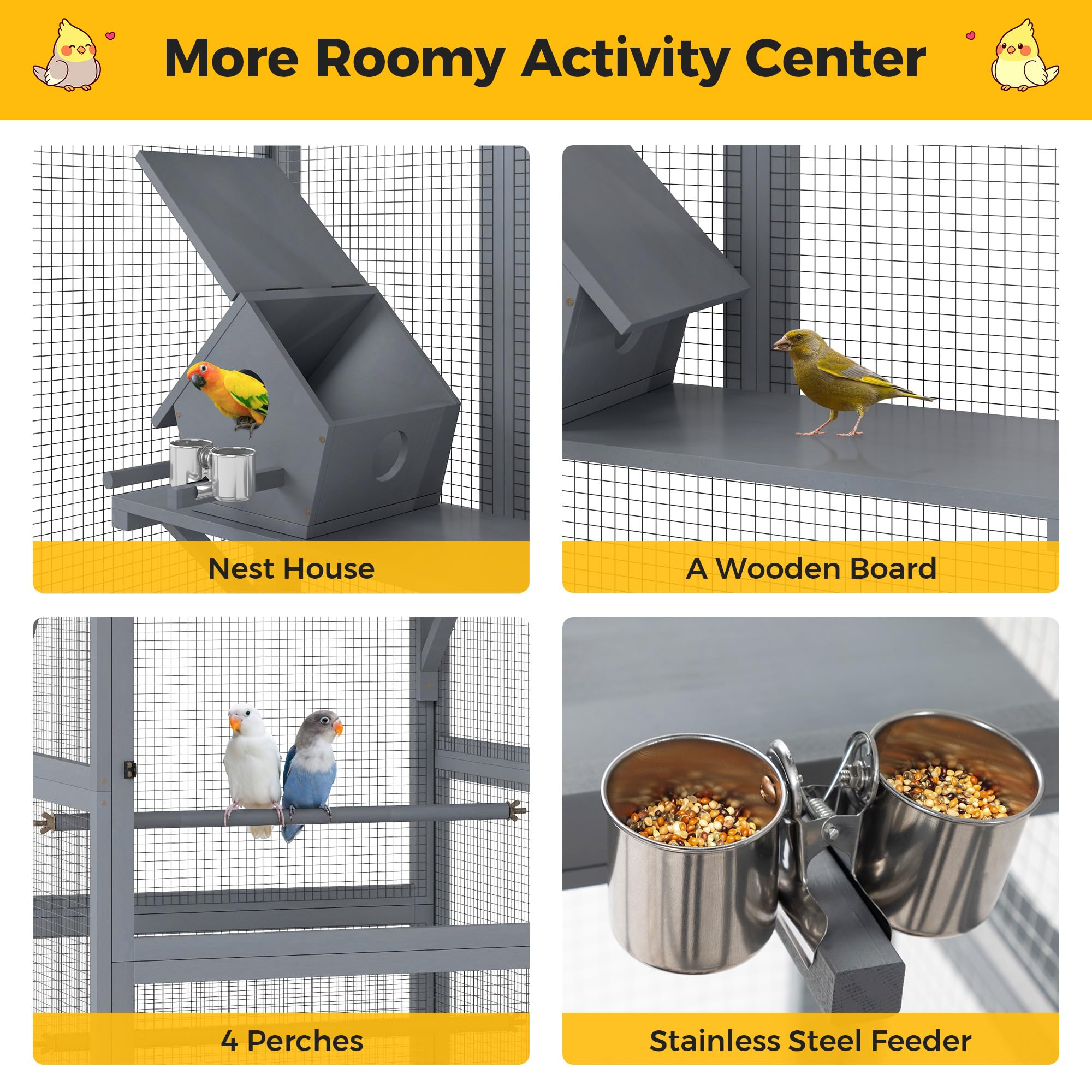 Coziwow 68" H Large Wood Bird Cage on Wheels, Outdoor Bird Aviary Indoor Wooden Large Bird Cage Parakeet Cage with Pull Out Tray and Feeder,Ideal for Small Birds,Finches,Parrots, Gray