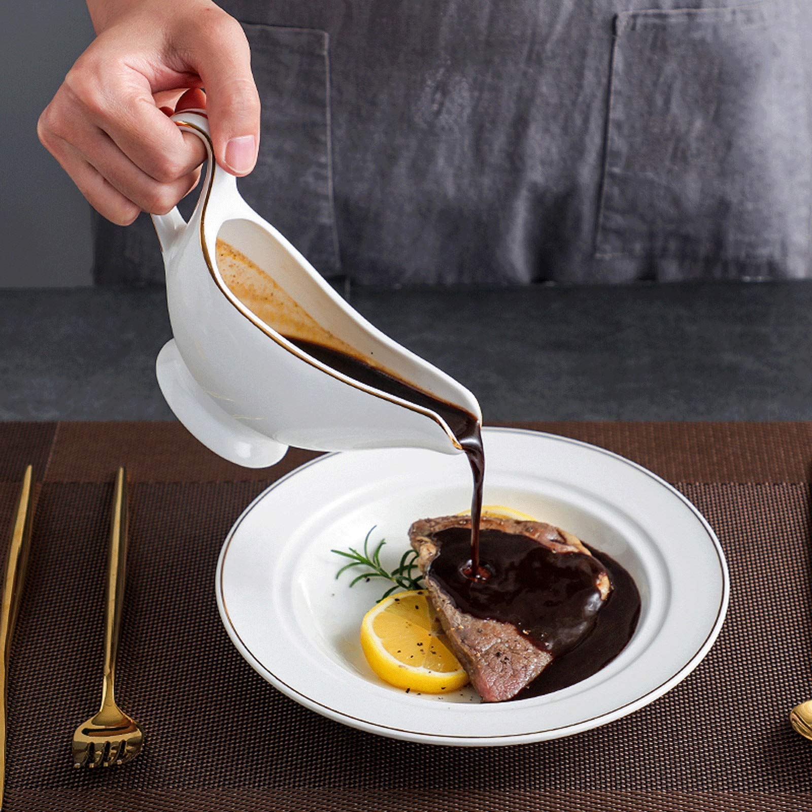NZPOST Sauciere, weiße Sauciere mit goldenem Rand, schlankes Sauciere-Design mit breiter Öffnung, damit die Soße Nicht leicht ausläuft, einfach zu verwendende Sauciere (weiß, L)