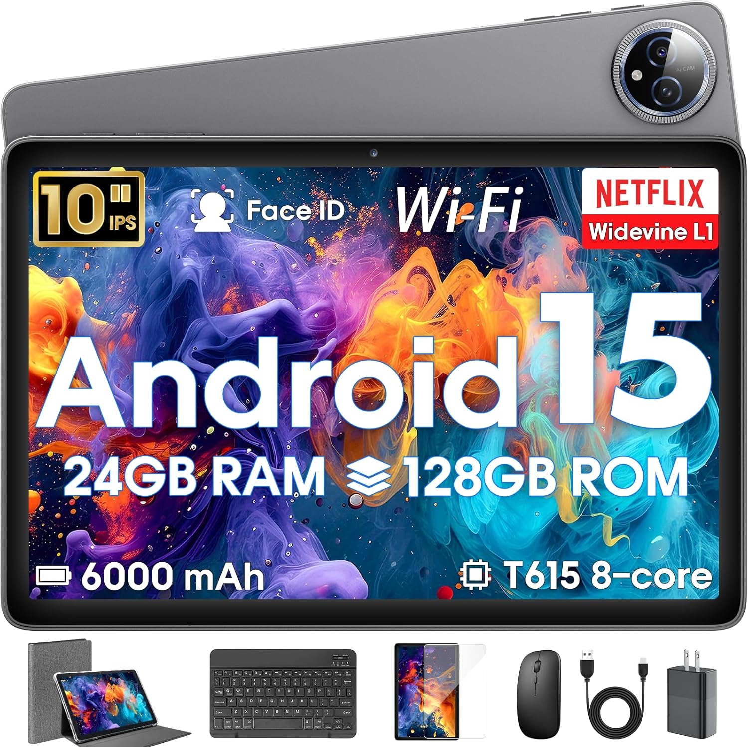 Android 15 Tablet 10 inch,24GB RAM 128 ROM,Tablets with Keyboard Mouse Stylus,1TB Expandable,Octa-Core 6000mAh 1280x800 IPS HD,5G WiFi,T615 CPU,High Performance,Processor,Dual Camera(Gray)