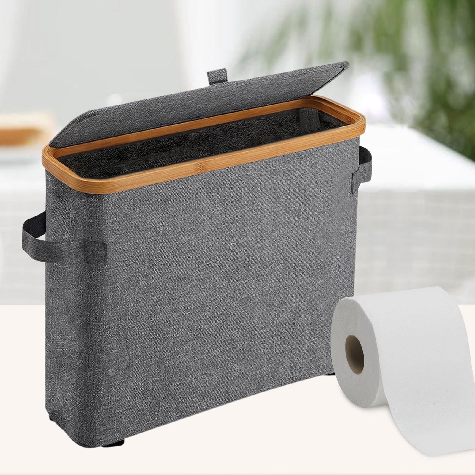 MagiDeal Rangement de papier toilette en bambou Support de papier toilette Accessoires multifonctionnels avec couvercle en bambou Grand pour placard de, Gris