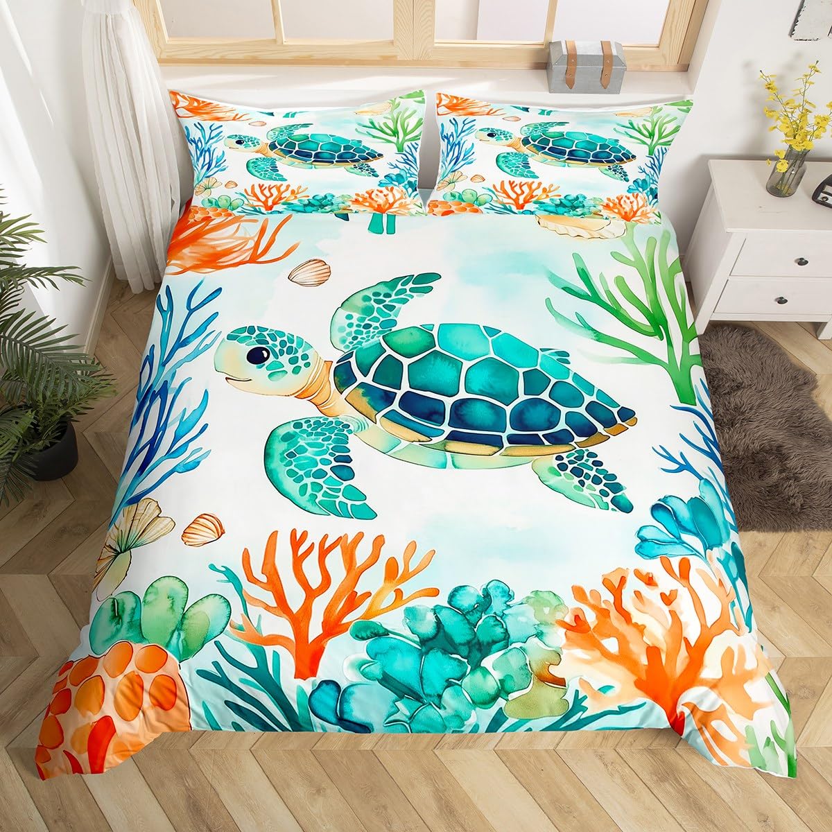 Housse de couette 220x240 tortue de mer motif aquarelle grand format Homewish