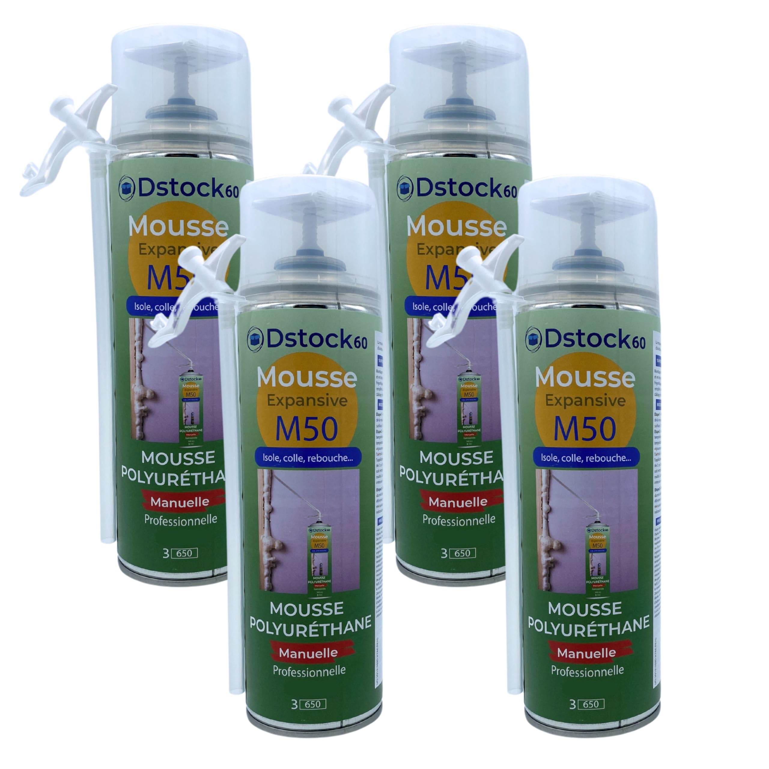 DSTOCK60 - Lot de 4 - Mousses expansives manuelles 300ml - mousse polyuréthane professionnelle - Isole, colle, rebouche - extérieur et intérieur