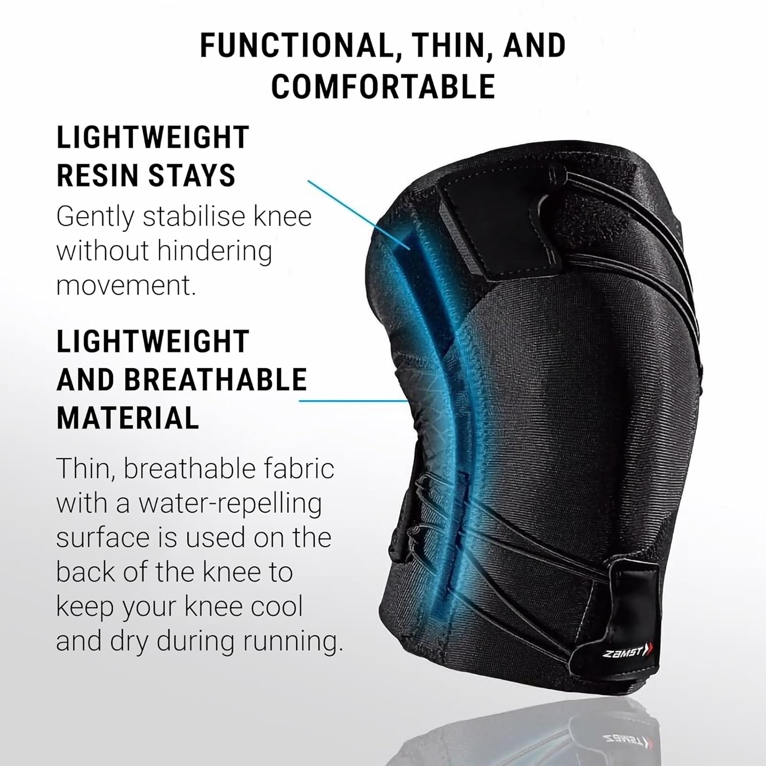 Diagram showing the lightweight resin stays and breathable material of the knee brace.