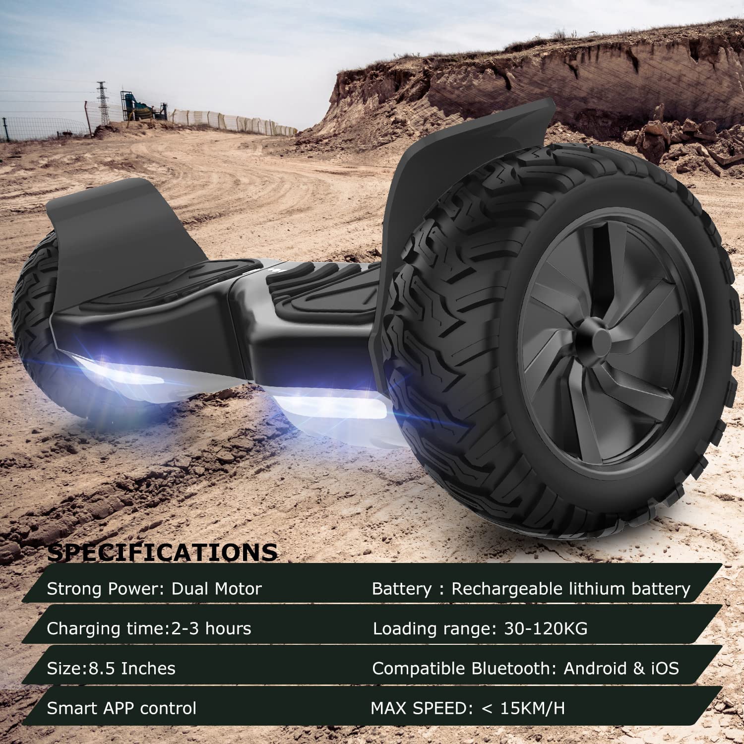 GeekMe Hoverboard SUV Tout-Terrain 8,5 Pouces, Application Mobile, Haut-Parleur Bluetooth, Double Moteur, Lumières LED, Enfants et Adultes