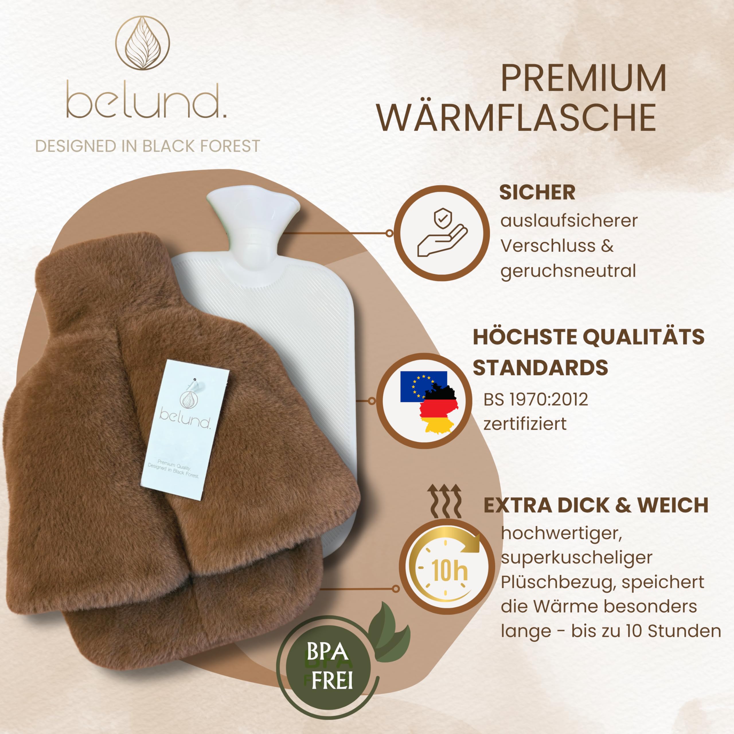 Fußwärmer Wärmflasche 2in1 – flauschiger Fußwärmer für kalte Füße – Bettflasche mit extra dickem, waschbarem Plüschbezug, ohne Strom, lange warm – beidseitig weich & kuschelig – belund.® Caramel Braun