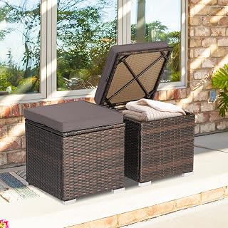 ORALNER 16" Outdoor Ottoman, Set of 2 Wicker Ottoman with Storage, All-Weather Rattan Cube Footstool w/Removable Cushions, Square Foot Rest Seating for Patio, Porch, Deck, Easy Assembly (Gray)