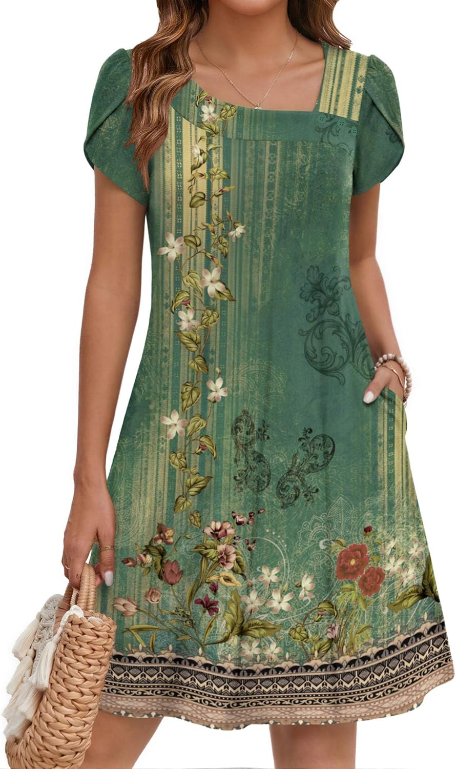 ZEAGOO Summer Dresses for Women 2026 Sundress Short Petal Sleeve Dress with Pockets Floral Dresses for Casual