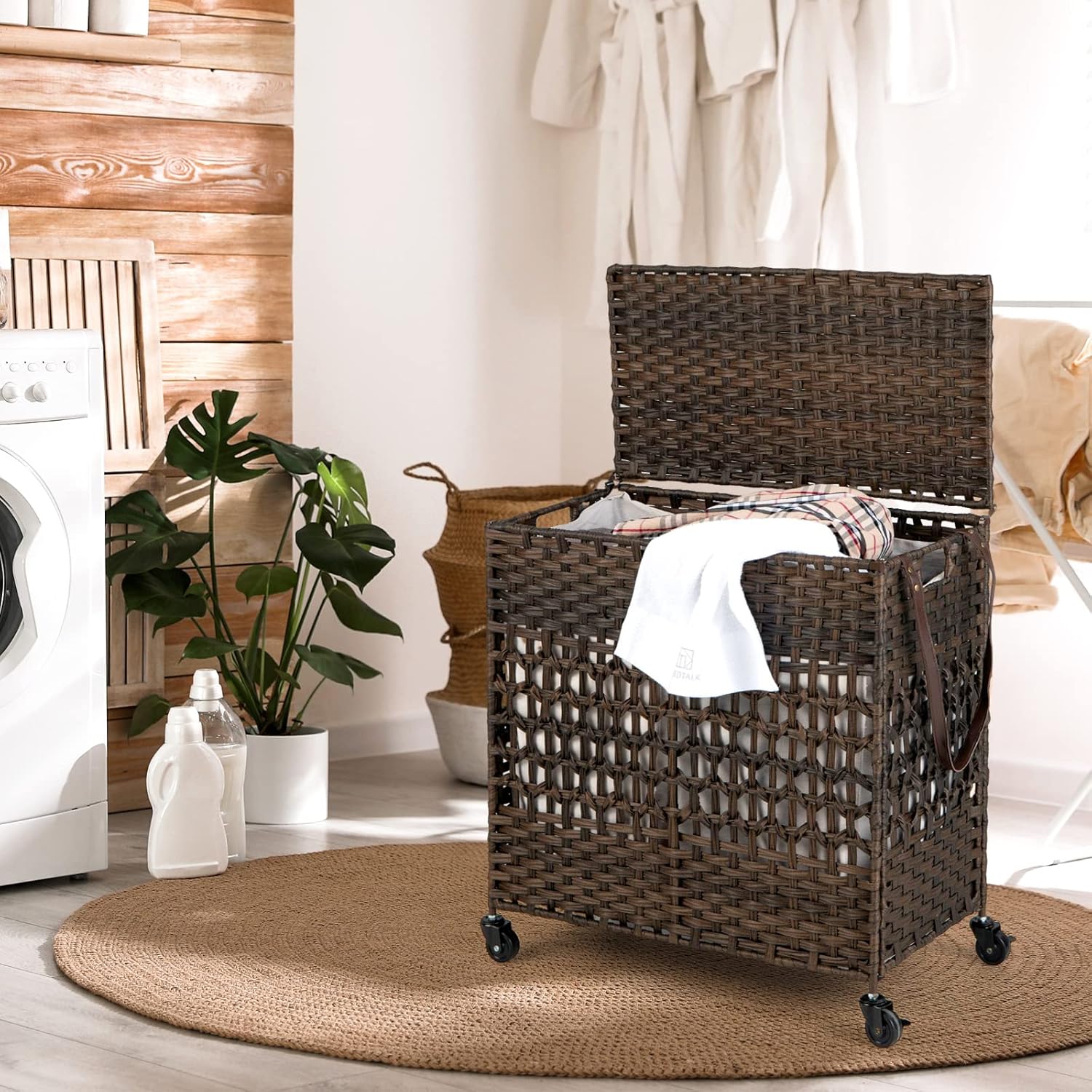 Nightcore Laundry Hamper with Wheels, 125L Double Laundry Hamper w/Lid, 2 Removable Liner Bags, Handles & Pulling Strap, Wicker Laundry Basket, Synthetic Rattan Dirty Clothes Hamper