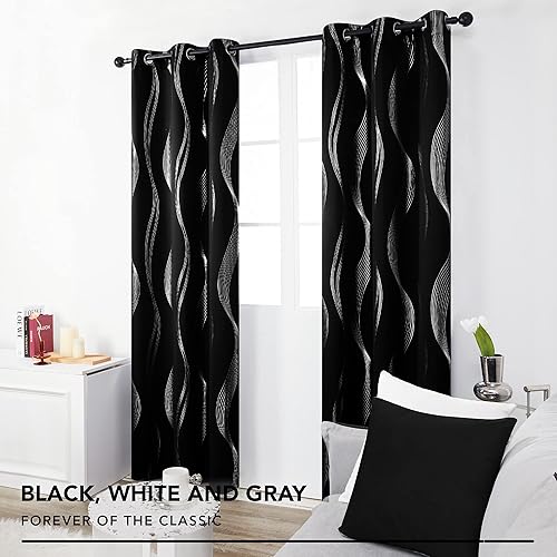 Miniatura 3 de Deconovo - Cortinas opacas con estampado de ondas plateadas, con ojales y aisladas térmicamente, reductoras de ruido para dormitorio y sala de