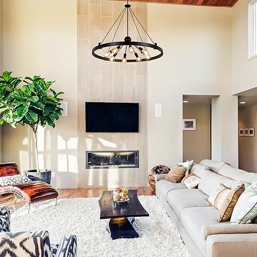 Miniatura 4 de Wellmet Lámpara de araña de granja de 38 pulgadas de diámetro, lámpara grande con rueda de carro, para comedor, acabado de metal rústico con 8 luces