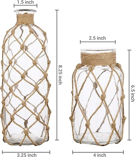 Miniatura 4 de MyGift Jarrones pequeños de cristal para flores, juego de 2 jarrones de flores costeros con envoltura de cuerda para mesas centros de mesa,