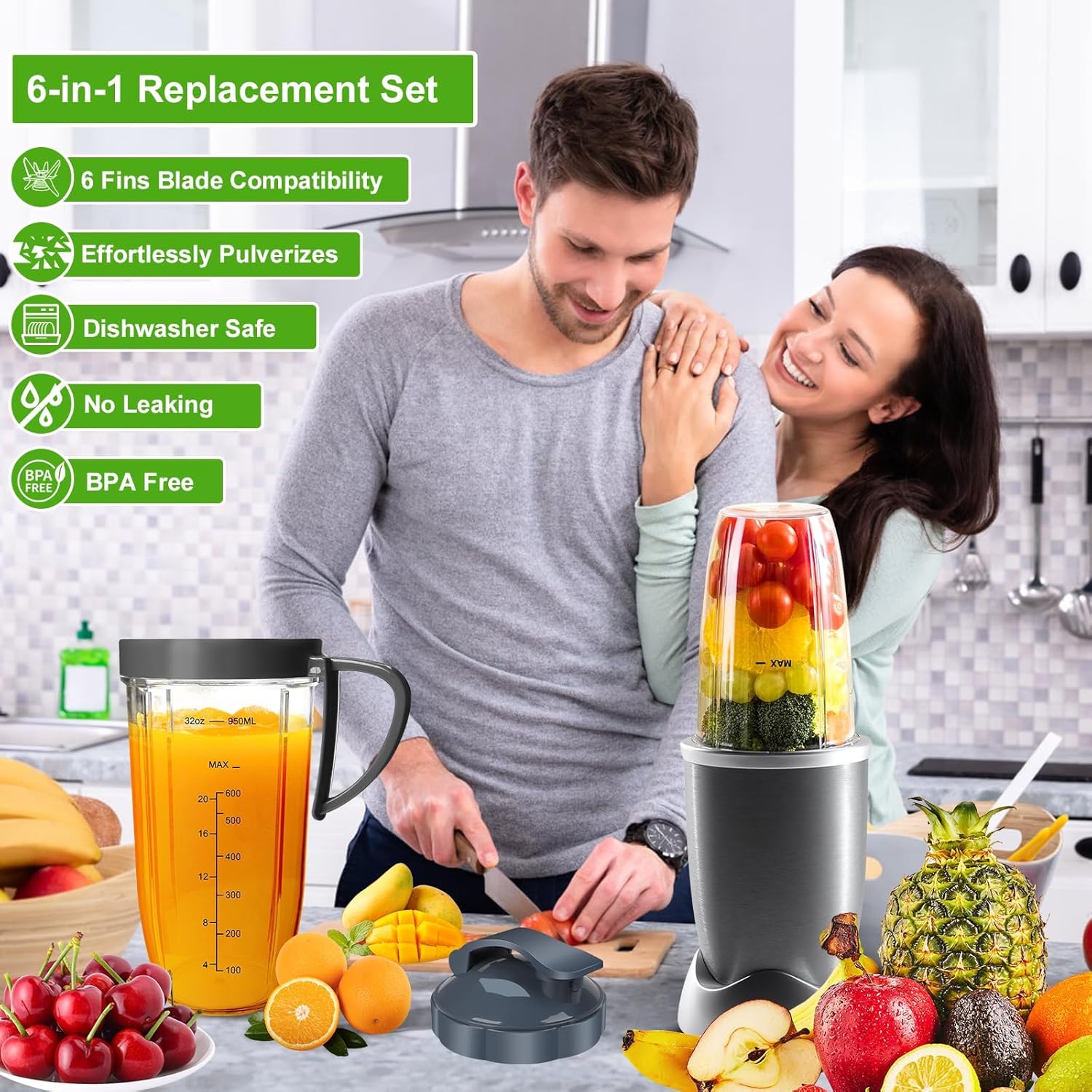 Nutribullet Blender Cups & Blade Replacement Set, 32oz & 24oz Nutribullet cups with Lid To-Go Lid and Lip Ring, Replacement Cups for Nutri Bullet Blenders 600w & Pro 900w Accessories 6 PCS