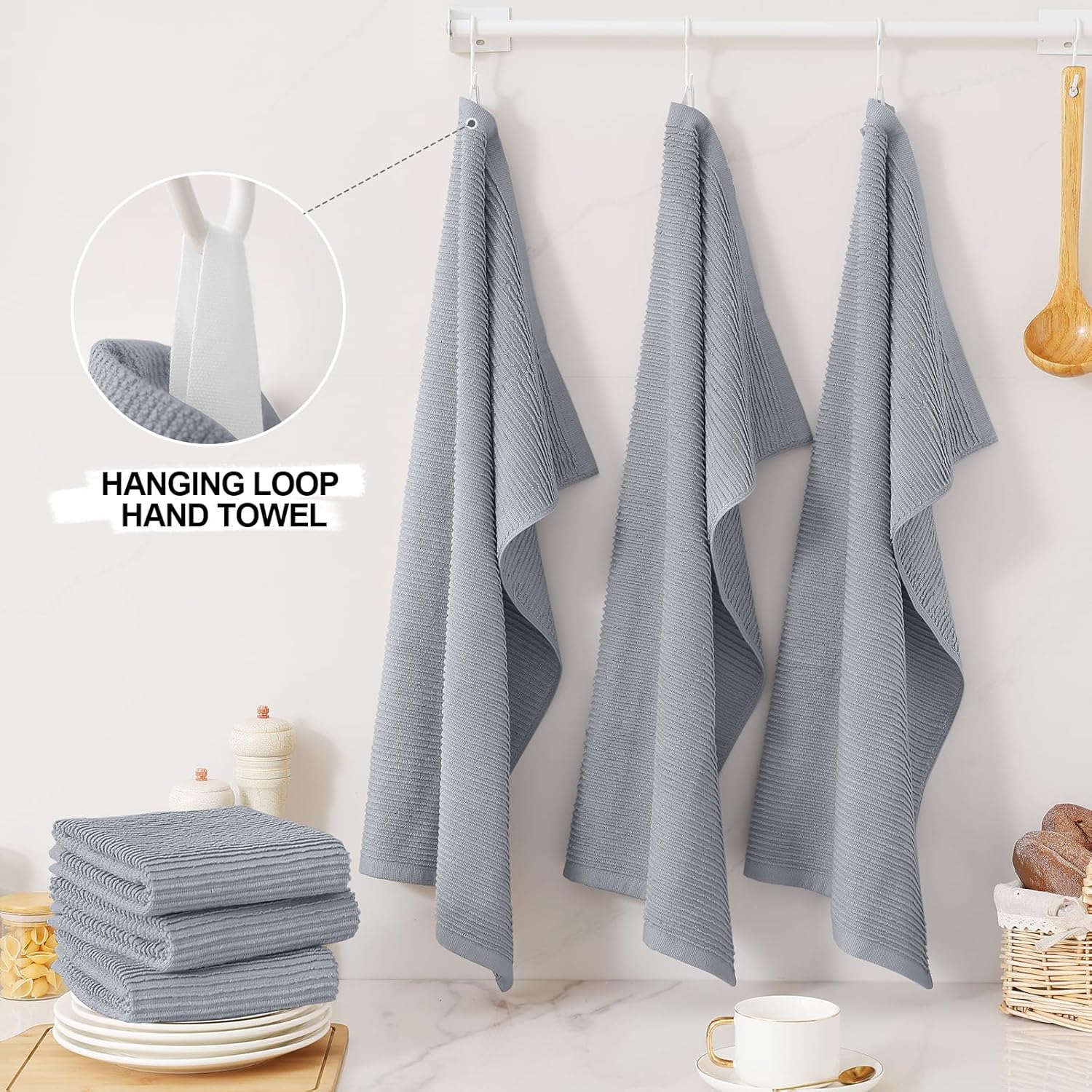 Homaxy Premium Kitchen Towels (18"x 28", 6 Pack), Large 100% Cotton Kitchen Hand Towels, Ultra Absorbent Ribbed Terry Tea Towels Set with Hanging Loop, Grey - Image 5