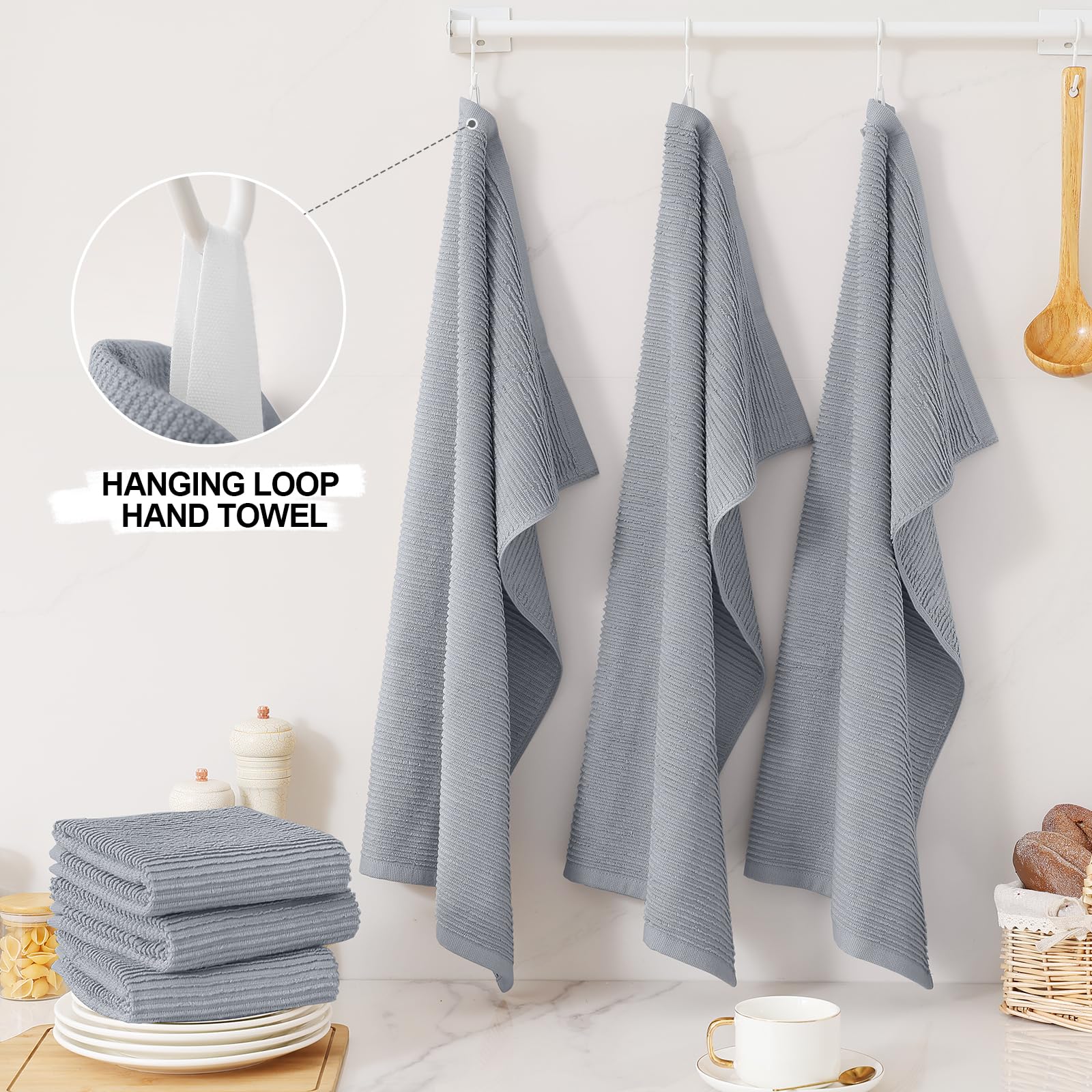 Homaxy Lot de 12 grands torchons de cuisine 100 % coton, ultra absorbants, en tissu éponge côtelé, avec boucle de suspension, 45,7 x 71,1 cm, gris