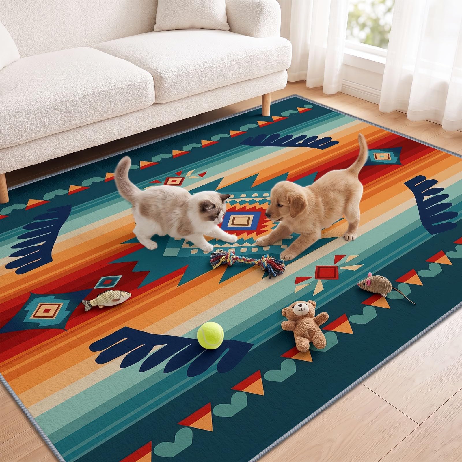 Generisch Raute Flammenstern Kurzflor Teppich 120 x 170 cmweich pflegeleicht, Ethno-Stil Waschbarer Teppich rutschfest Kurzflorig Weich für Wohnzimmer Schlafzimmer Esszimmer