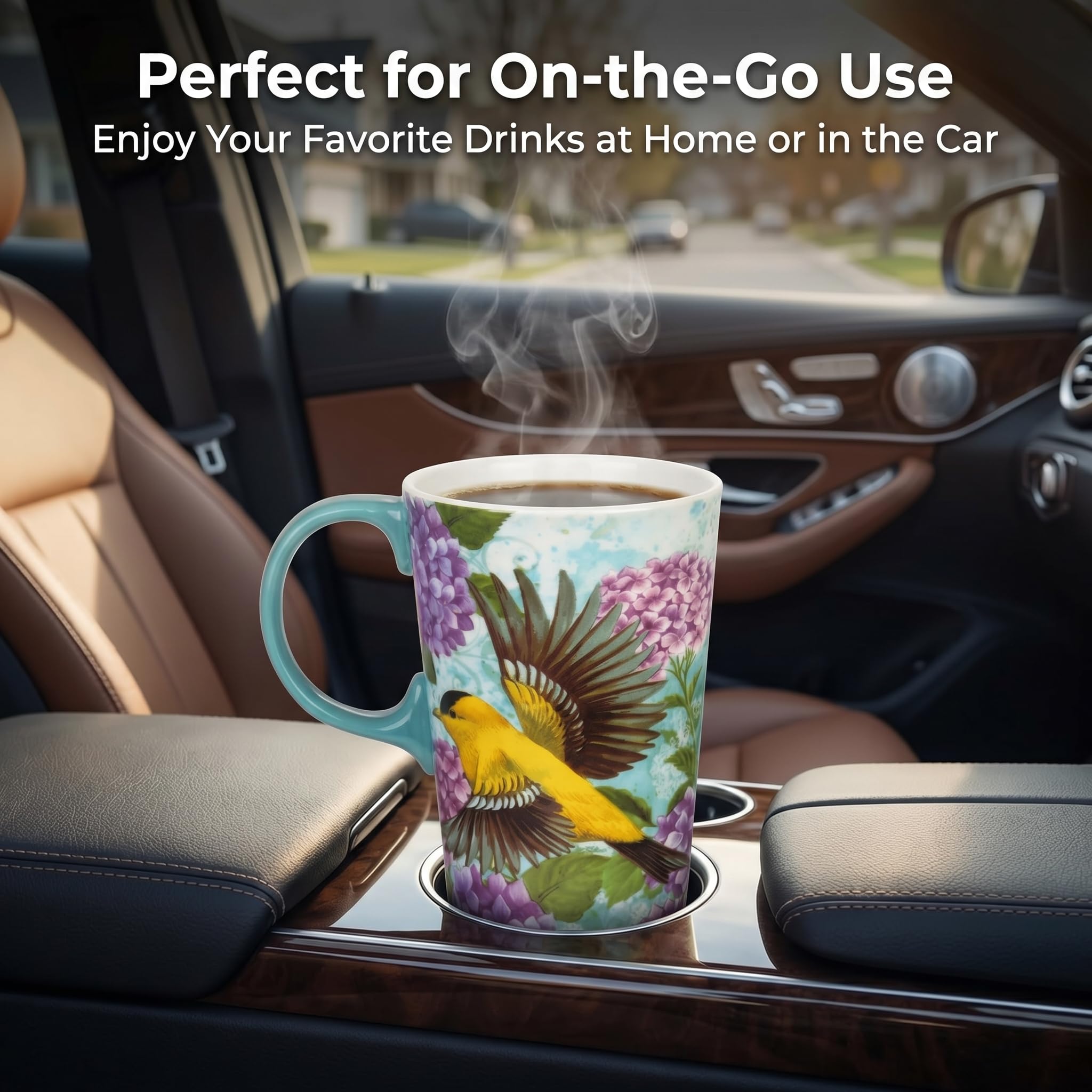 Taza de café de cerámica, juego de tazas de viaje de café con asa y tapa, taza de viaje para porcelana, 17 onzas, taza de té alta para el hogar y la oficina, taza con patrón artístico de colibrí