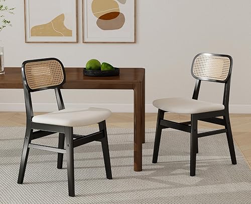 Juego de 2 sillas de comedor de ratán Shunzhi, sillas de comedor de granja de madera negra con respaldo de mimbre, sillas de comedor modernas de