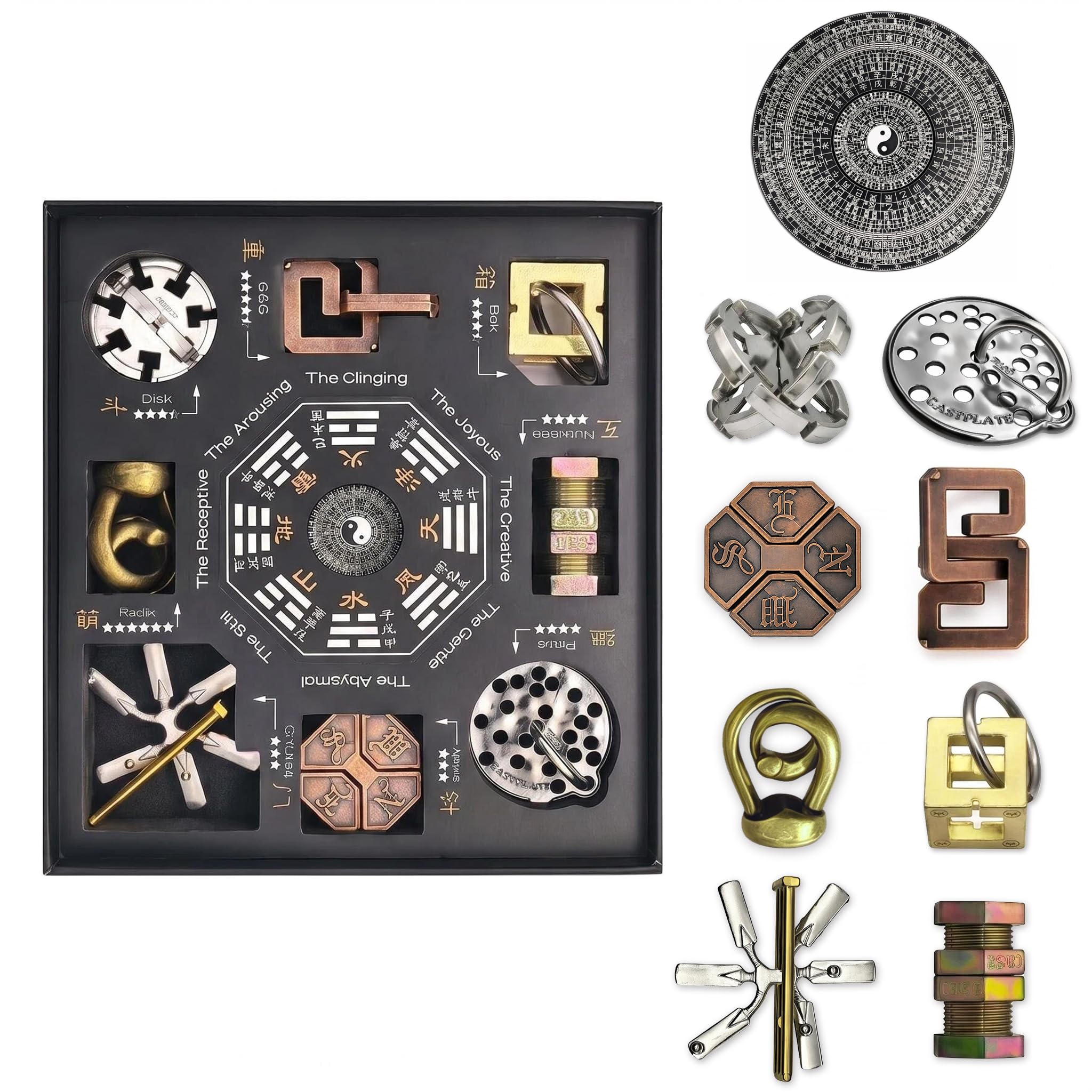 NORDISTRICT Bagua Metal Puzzle Set, Feng Shui Compass, 8+1 Alloy Brain Teaser Puzzles—traditional logic puzzles for adults that help relieve stress and make the for puzzle enthusiasts — image 1