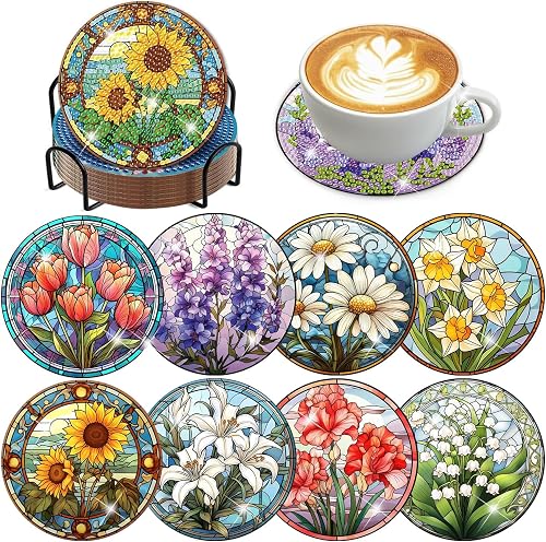 8 PCS Flowers Diamond Art Coasters Diamond Painting Coasters Kits with Holder Flowers DIY Coaster for Adults Beginners, Diamonds Art Crafts Supplies Sunflowers
