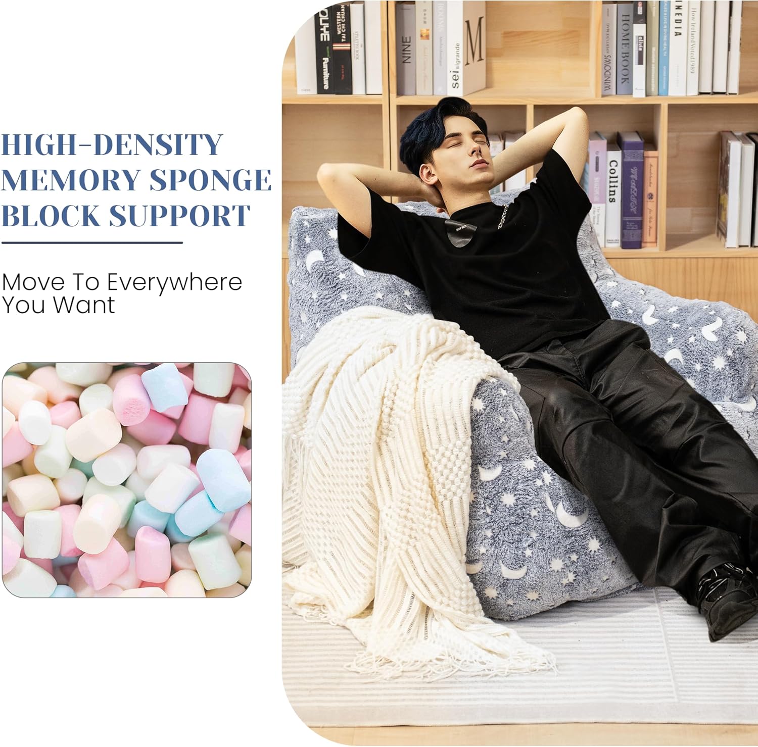 Bean Bag Chairs, Faux Fur BeanBag Chair with Memory Foam for Bedroom, Living Room, Reading, Adults - Grey - Star - Glow in The Dark - Image 5