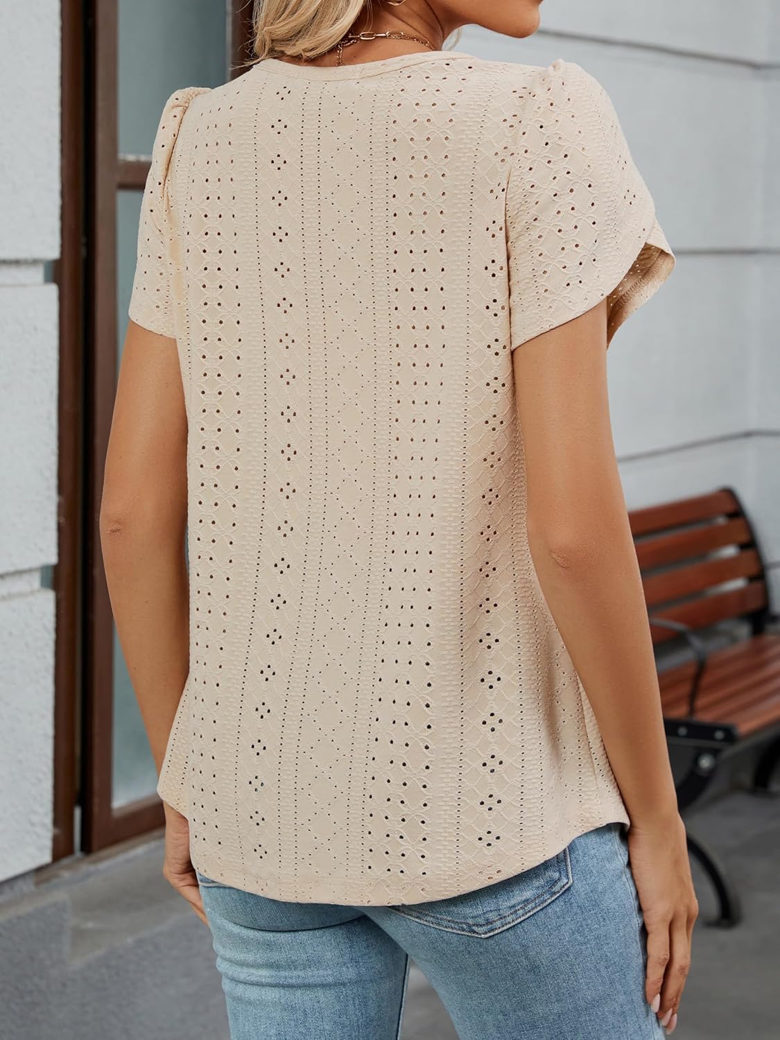 Womens Summer Casual Eyelet Tunic Tops Short Sleeve Flower Bud Sleeve Blouses Tshirts - Image 5