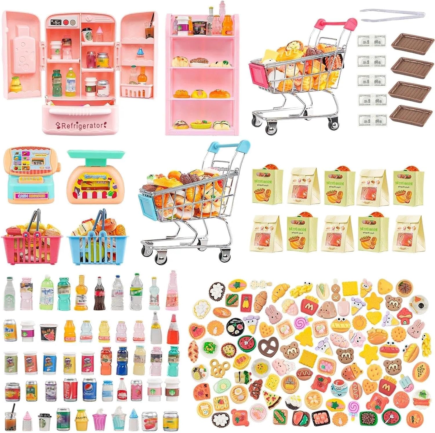 180 Pcs Dollhouse Furniture Miniature Kitchen Accessories Mini Shopping Cart Metal Trolley Basket Food Drink Toy Supermarket Store Grocery Shelves Cash Register Fridge Scale Pretend Play Game Party