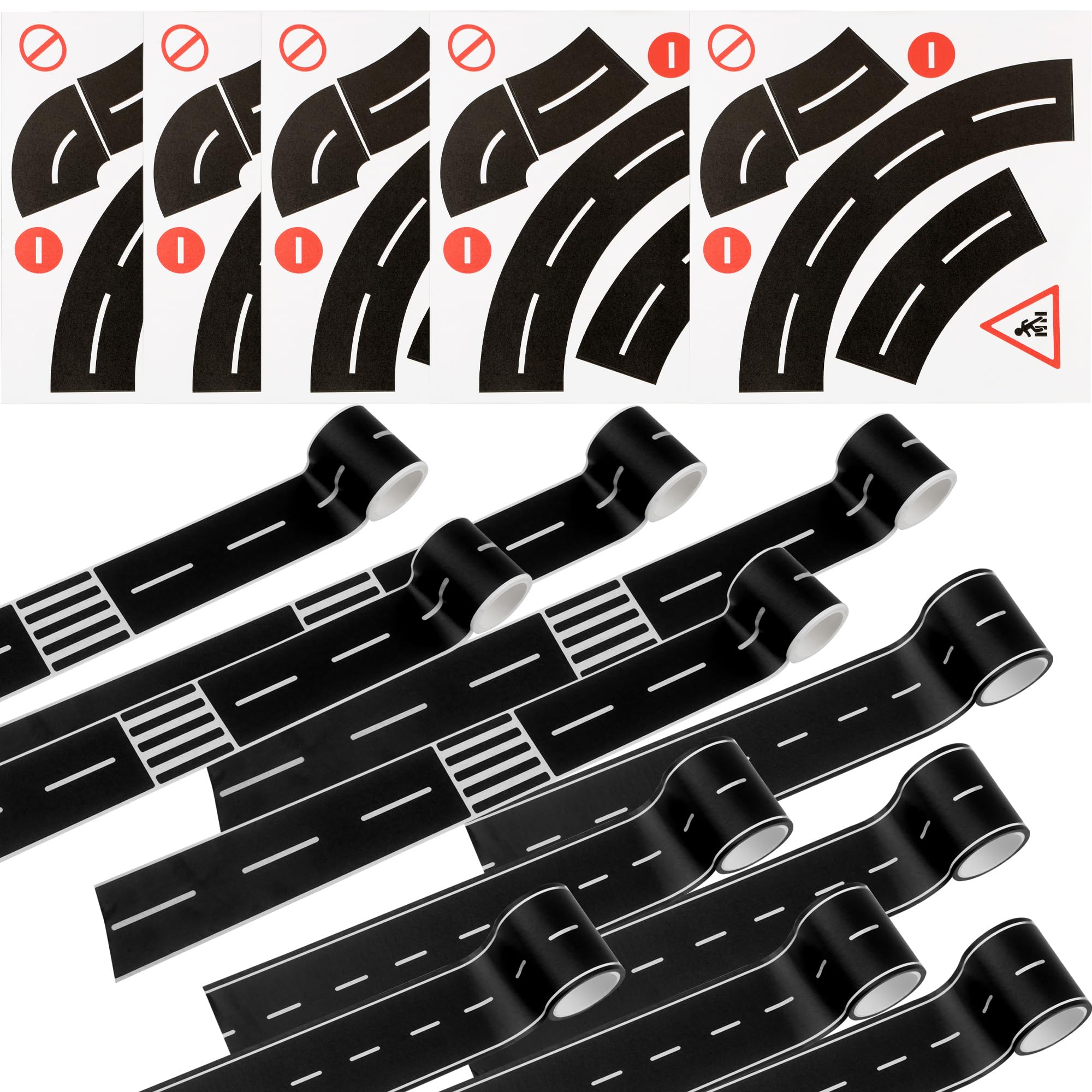 Haconba 15 Pcs Road Tapes Sticker Include 10 Rolls 16.4 Feet Road Play Tape and 5 Pcs Curves Black Road Tapes Sticker for Kids Racing Party Decoration