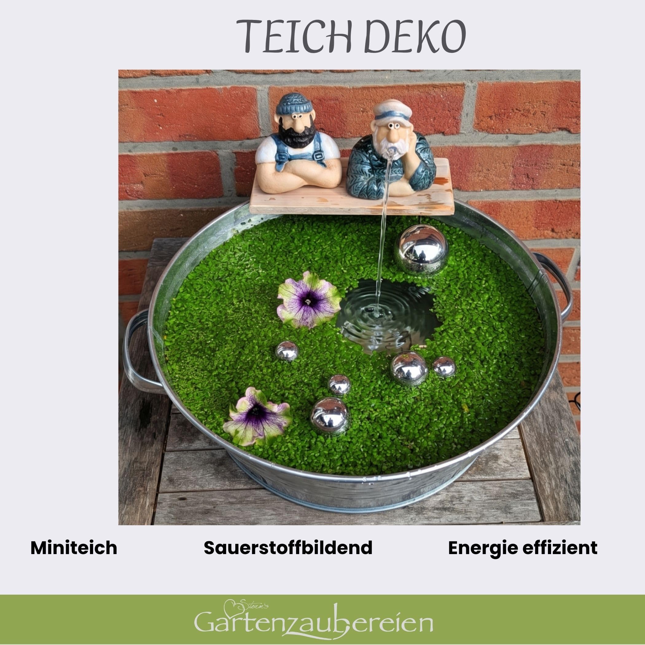 Storm's Gartenzaubereien Solar Miniteich Komplett-Set mit Zinkwanne – Wasserspeier Seemann Matrosen Figuren Duo aus Keramik, Solarpumpe, 6 Silberne Schwimmkugeln und saisonale Schwimmlinsen
