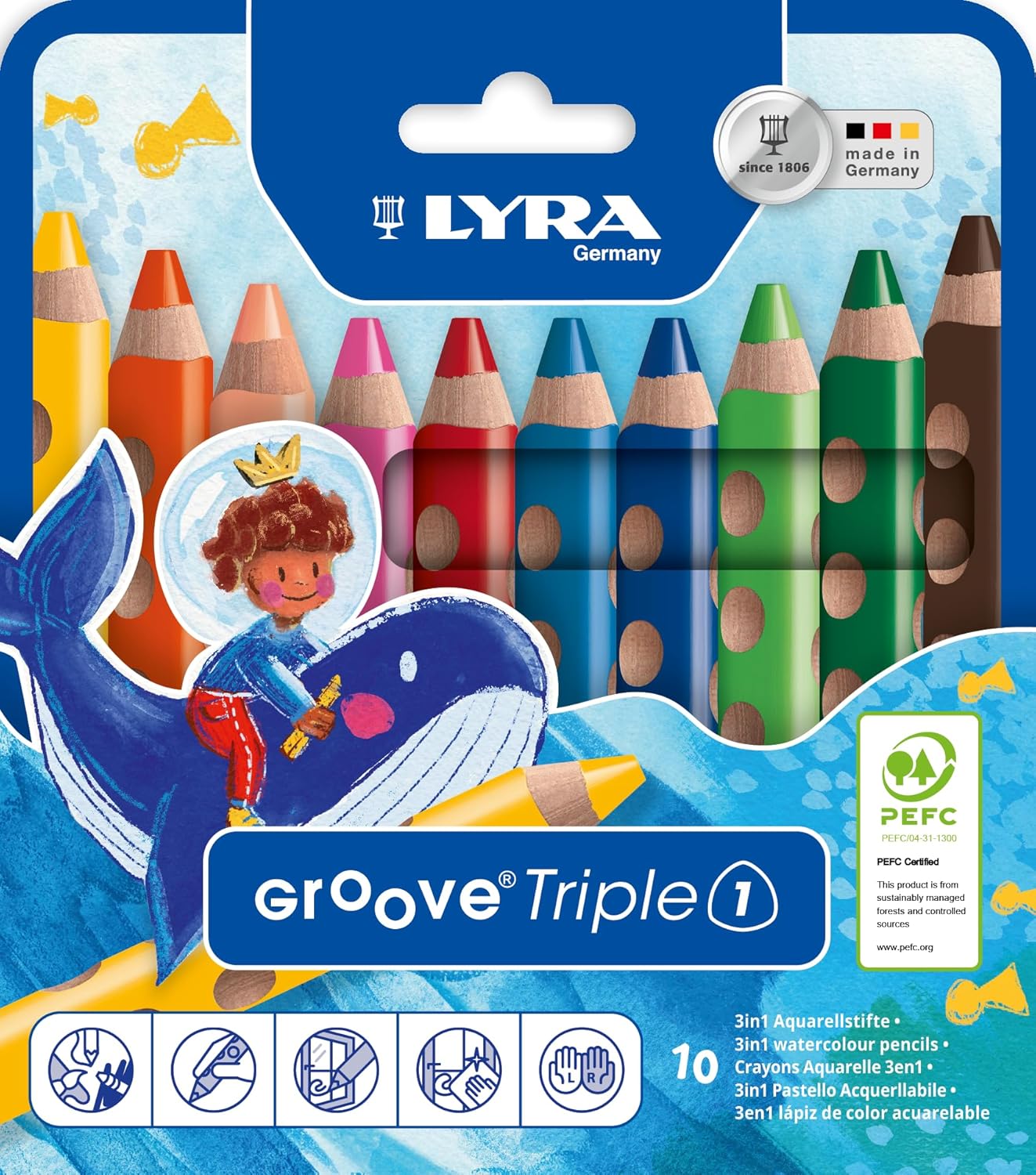 Lyra Groove Triple One LYRA Groove Triple One 3-in-1 Wooden Colouring Pencils, Triangular, Thick, Lacquered Lead, 10 mm Lead, Cardboard Case, 10 Assorted Colours, 10 Count