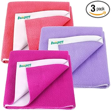 Bumpers Anti-Piling Quick Dry & Absorbent Sheet Polycotton Baby Bed Protecting Waterproof Mat (Rani Pink, Violet, Salmon Rose, Small (70 x 50cm), Pack of 3) - image, photos