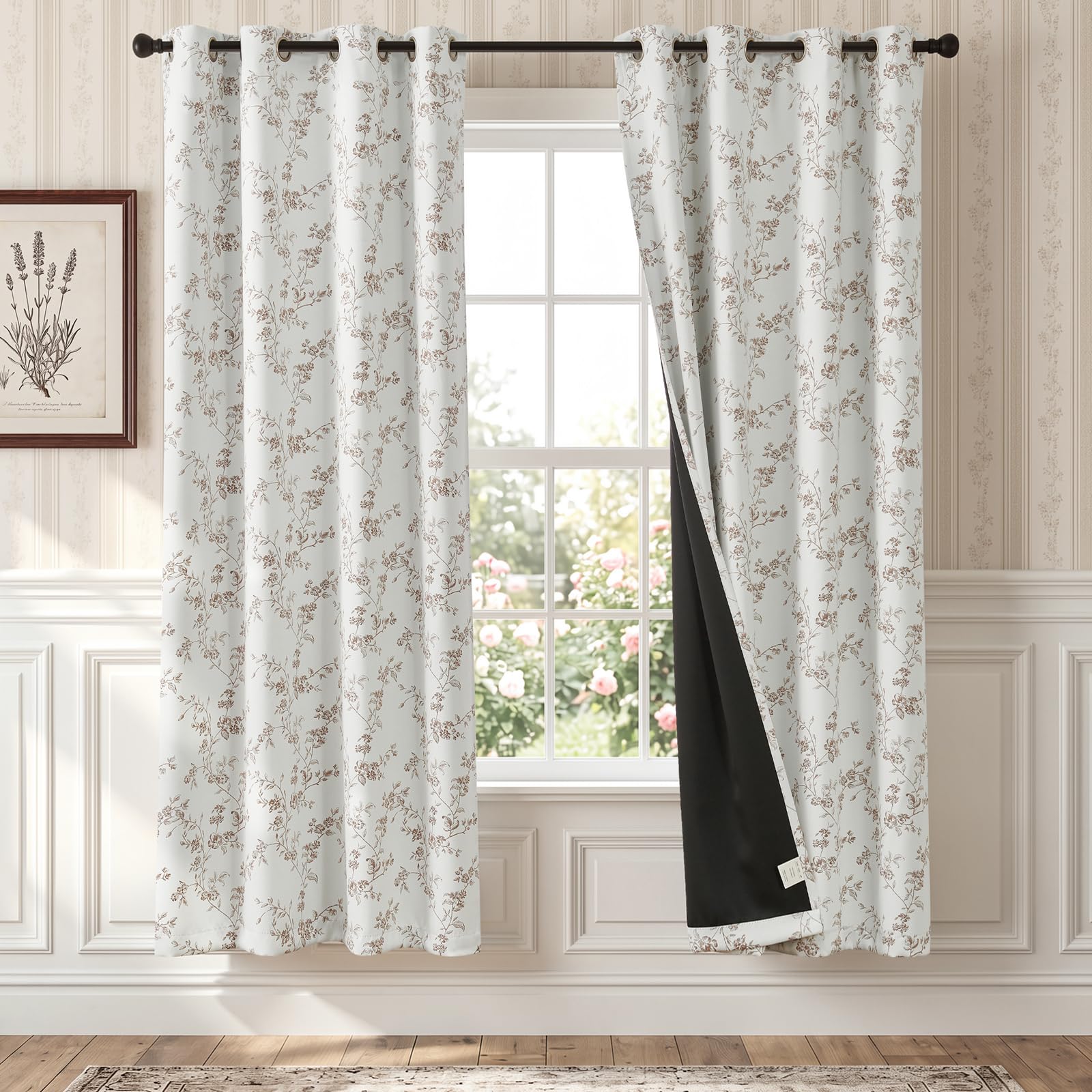 TOPICK 100% Blackout Floral Curtains W52xL72 for Bedroom Living Room, Taupe
