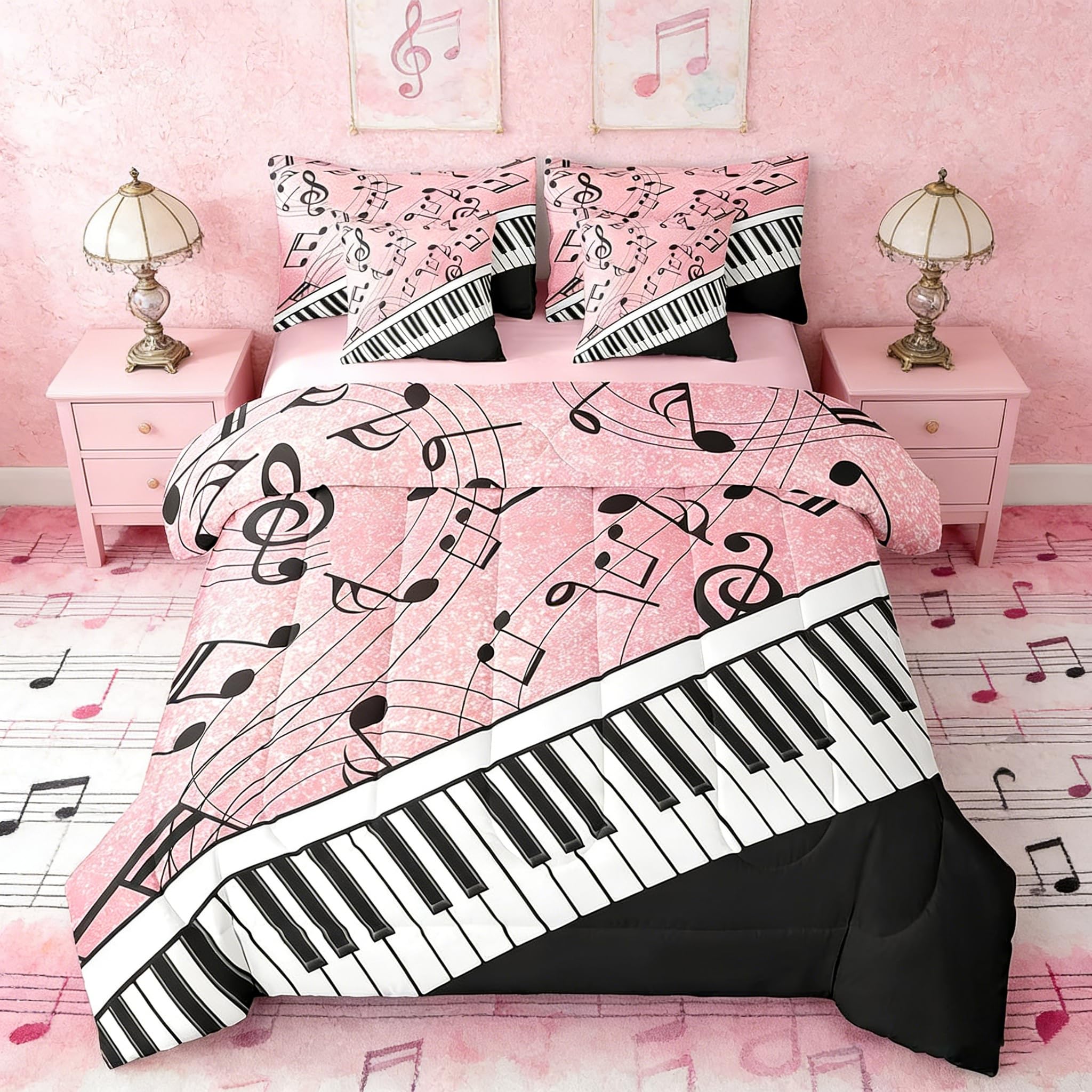 Parure de lit 7 pièces avec couette et draps motif piano rose pour lit simple