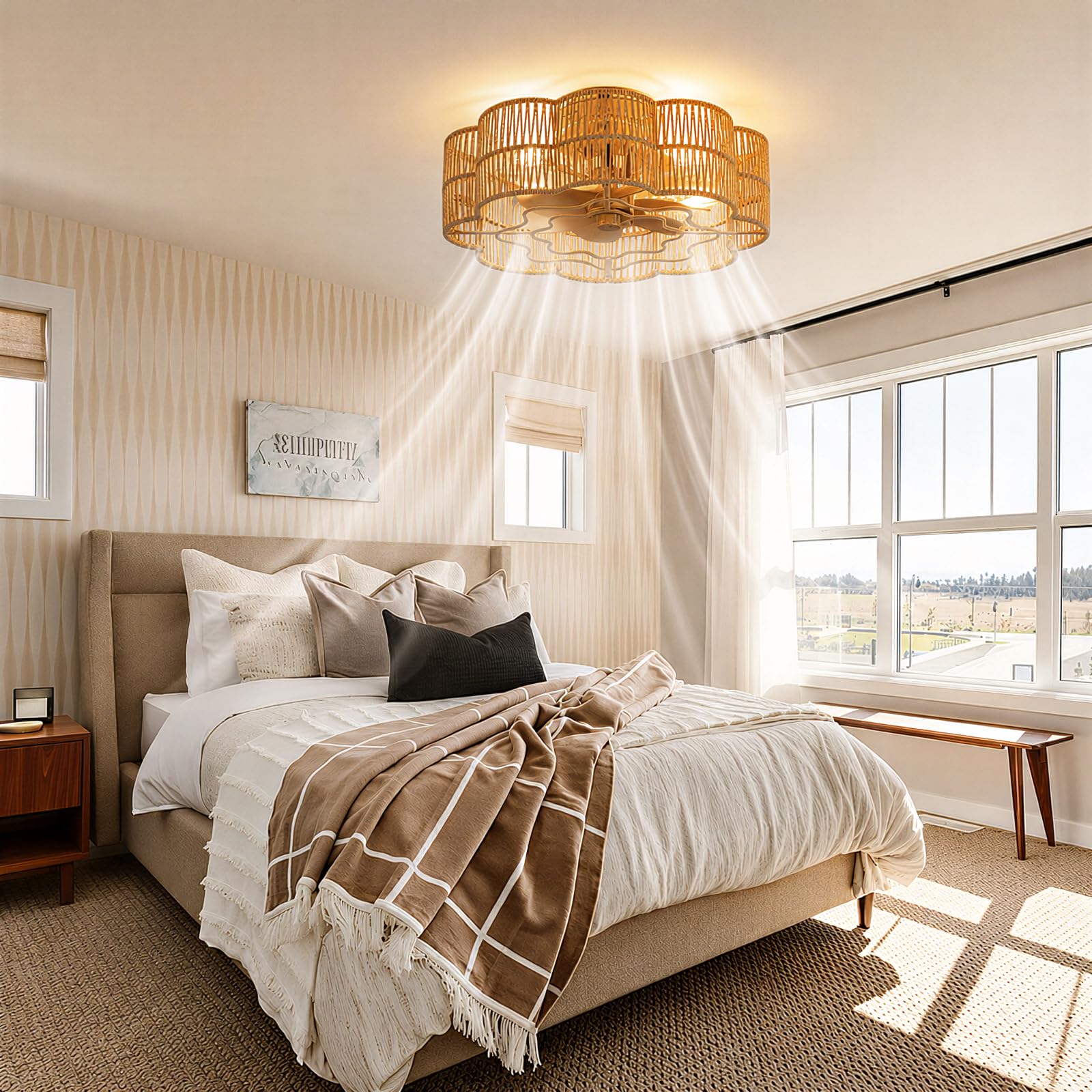 Deckenventilator mit Beleuchtung Boho Blumenform Rattan-Optik Ø47 cm | Fernbedienung, E27, Leise, 6 Geschwindigkeiten, Schlafzimmer Wohnzimmer Esszimmer