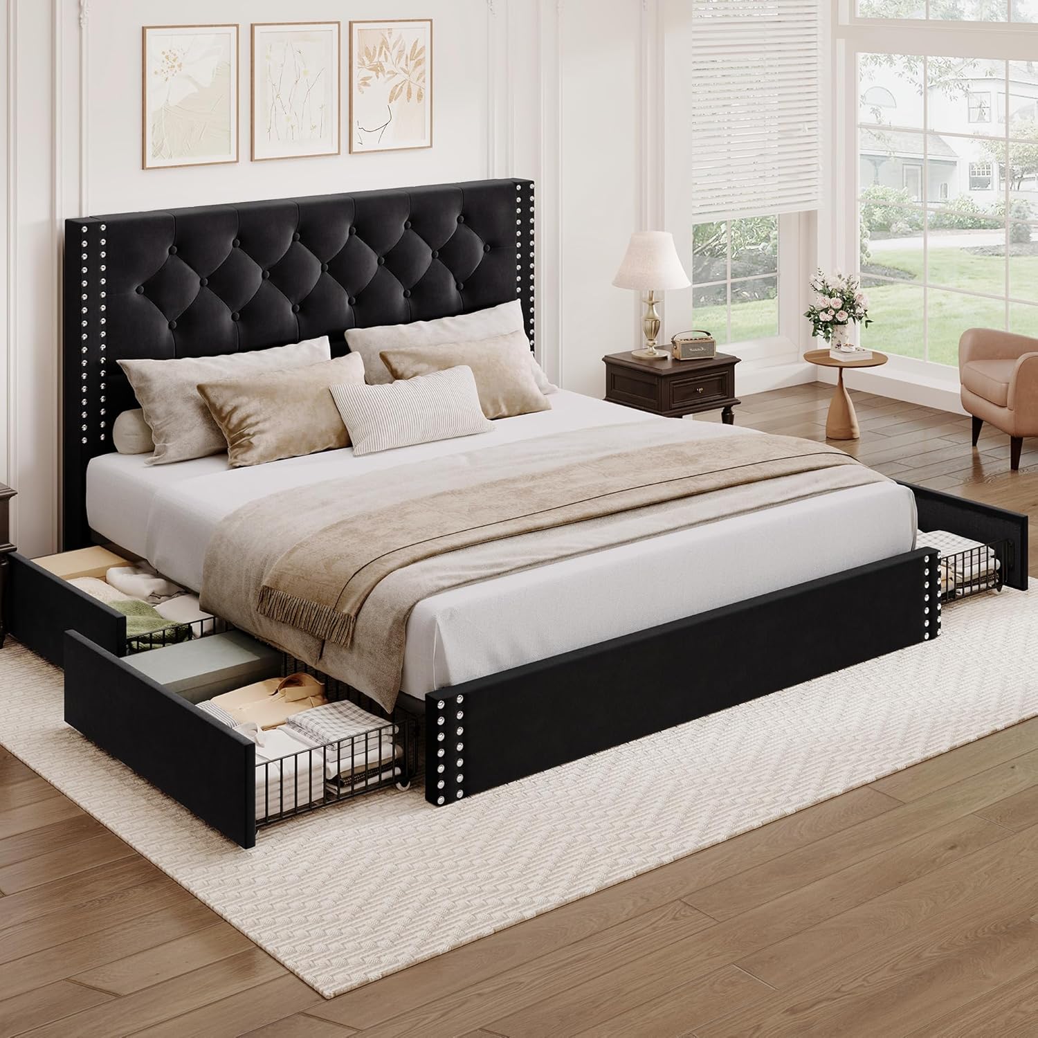BRELTAM Queen Size Bed Frame with 4 Storage Drawers and Headboard Velvet Upholstered Platform Bed Frame Tufted Bed with Heavy Duty Wood Slats, No Box Spring Needed, Black