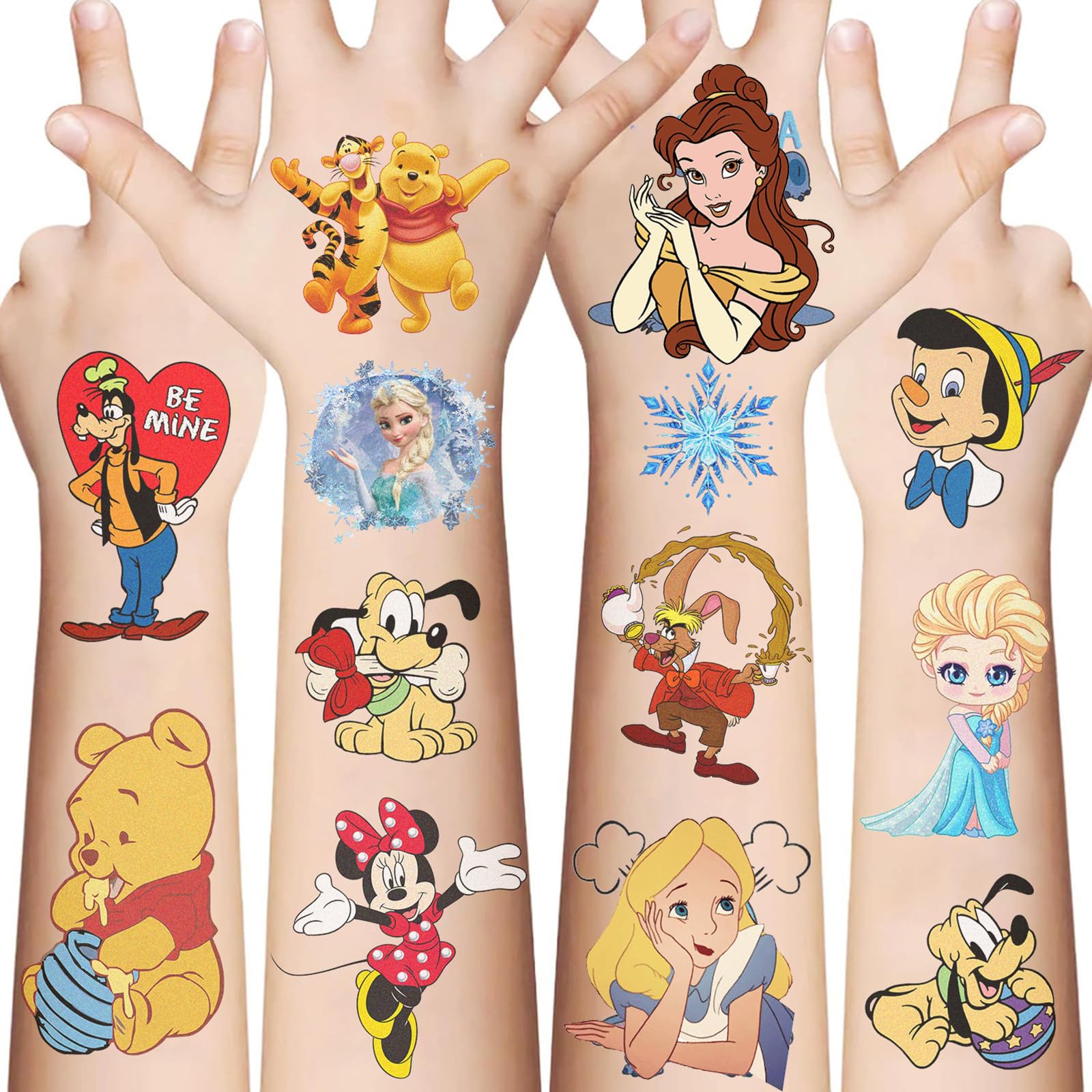 10 Sheets Disney Cartoon Temporary Tattoos for Kids, Princess Birthday Party Favors, Cute Cartoon Decoration Sticker Gifts for Teen Girl Boys Home Activity Class Prizes Carnival Christmas Rewards
