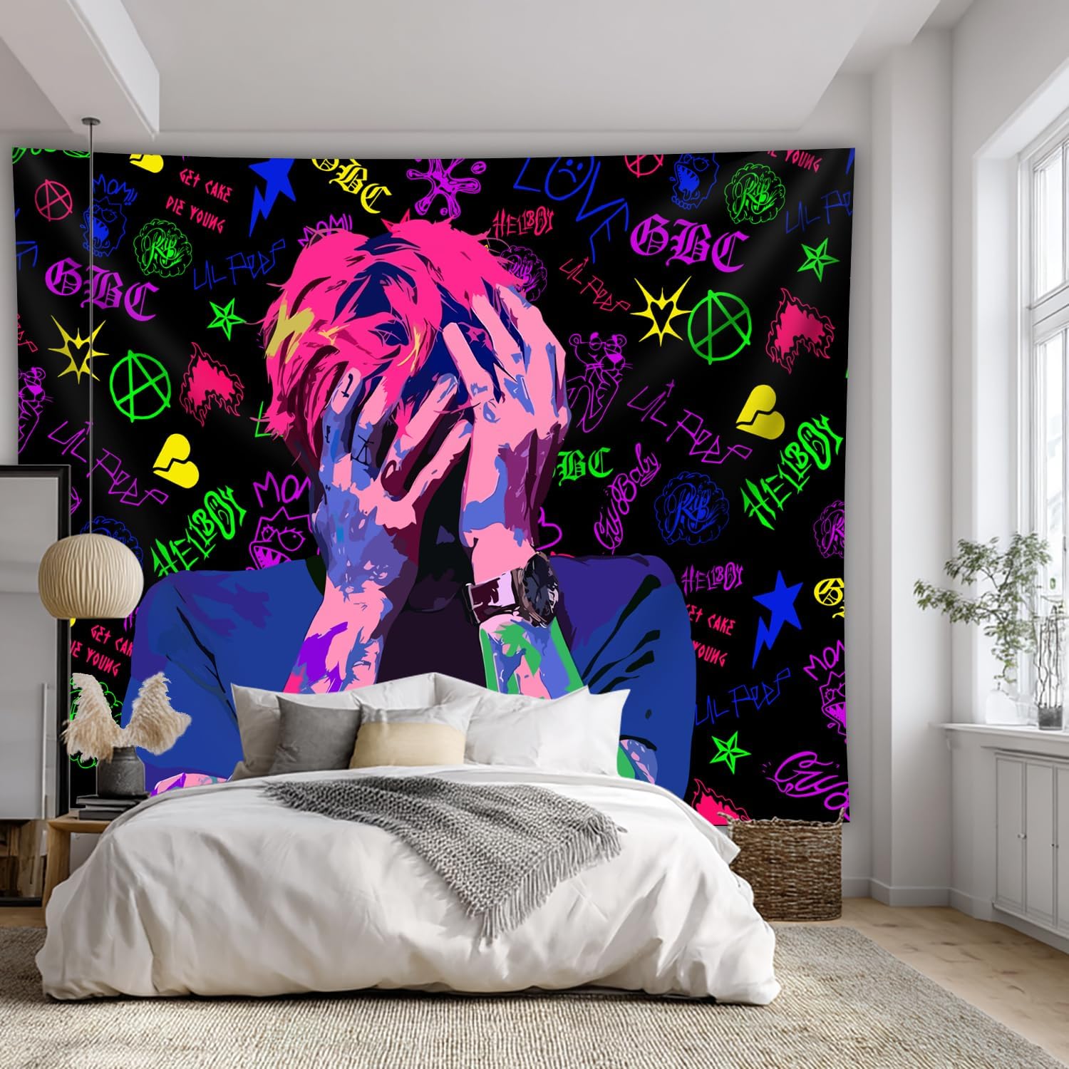 PSYHILAR Lil Peep Tapestry Blacklight, Rapper Black Light Poster for Bedroom, Hip Hop Star Music UV Flag (40 x 30 Inches)