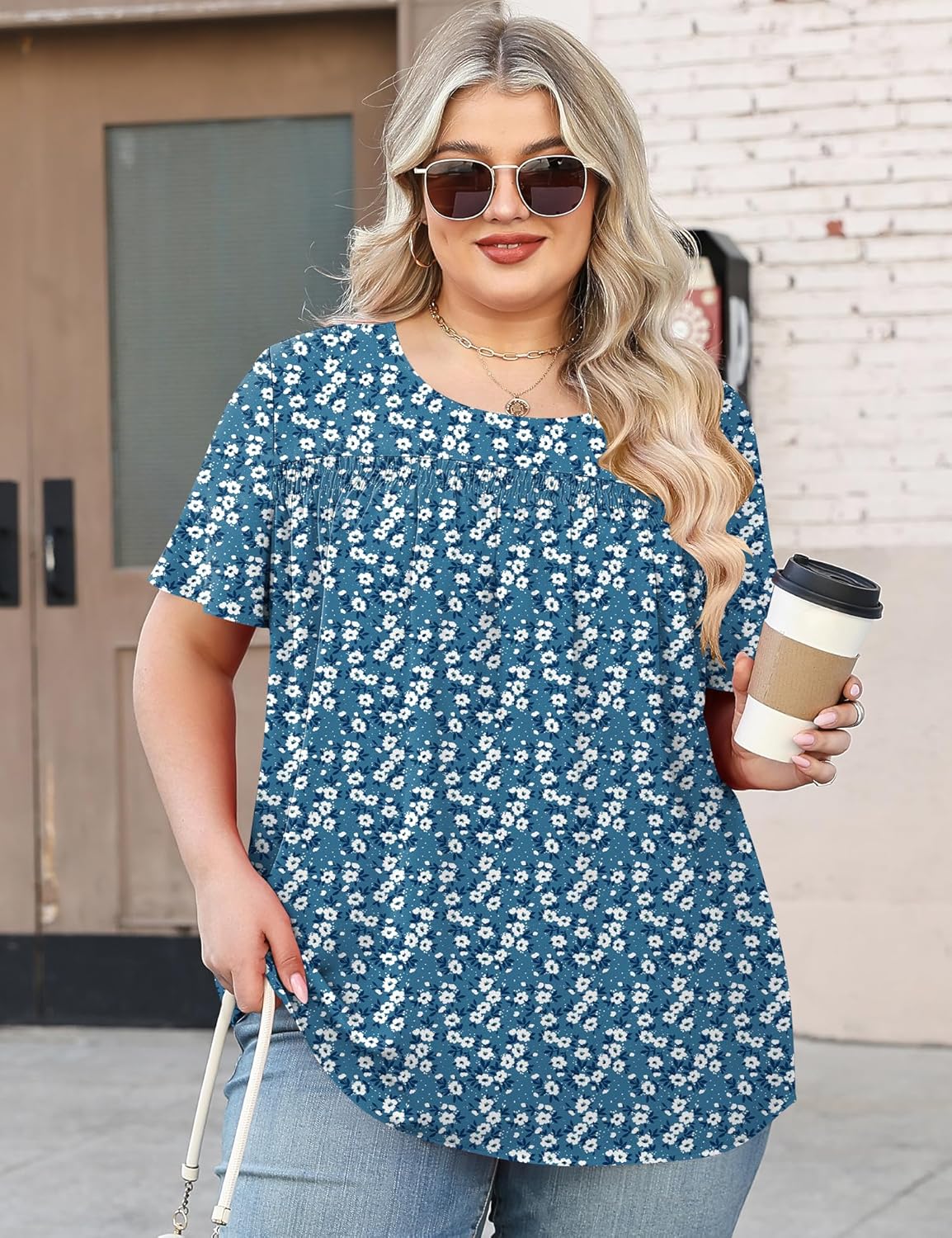 Micoson Womens Plus Size Tops Short Sleeve Dressy Chiffon Blouses Crewneck Shirts Loose Flowy Pleated Tunic - Image 3