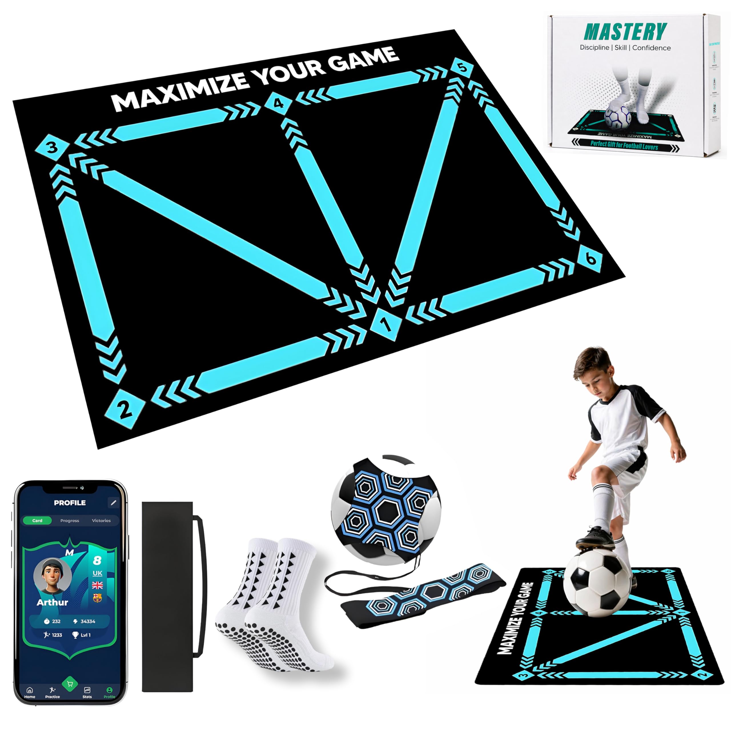 Soccer Mastery Skills - Tappetino da allenamento per calcio, 90 x 60 cm, per dribbling, controllo della palla e antistress, compatibile con app mobile, regalo di compleanno per ragazzi, bambini
