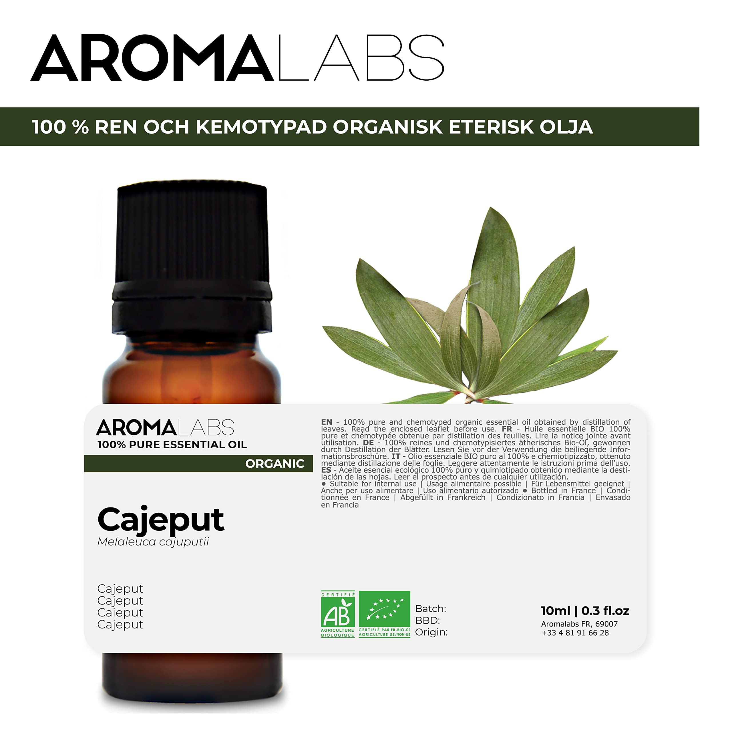 ORGANICZNY - Cajeput Olejek eteryczny - 10mL - 100% czysty, naturalny, chemotypowy i certyfikowany AB - AROMA Labs (Marka francuska)