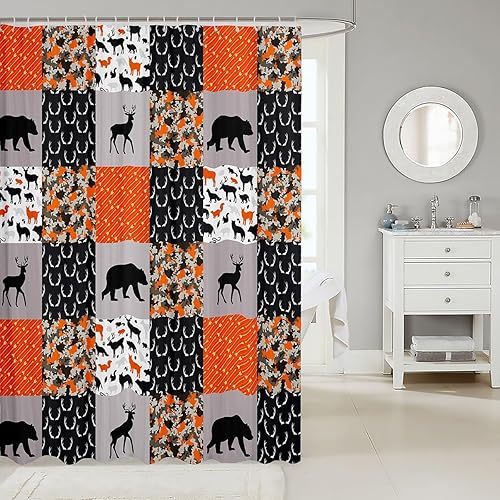Miniatura 2 de Cortinas de ducha con cuernos de ciervo y camuflaje, decoración del hogar, diseño de oso de ciervo, flechas y caza, tela con estampado de cuadrícula