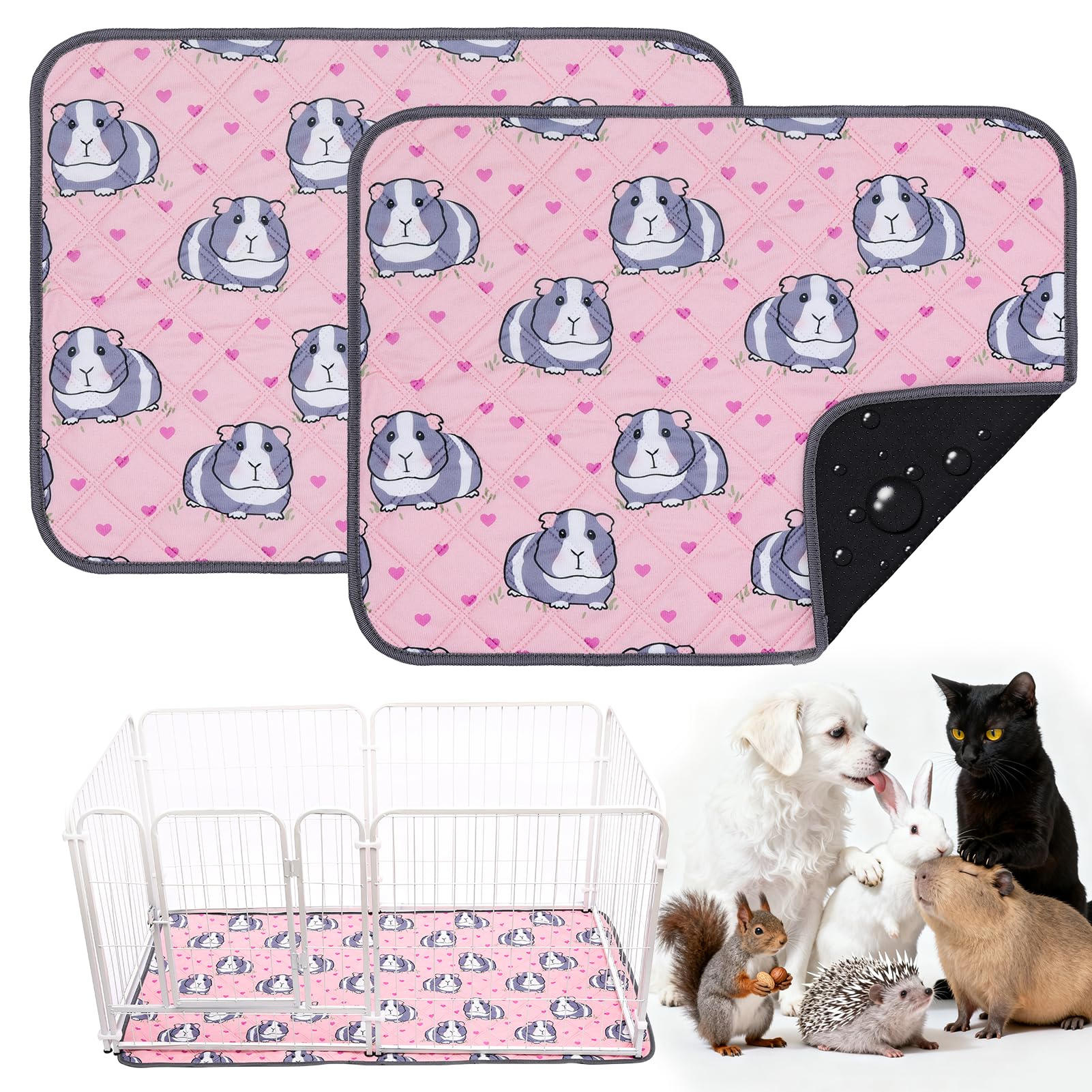 HOZKUY 2-Pack Guinea Pig Cage Liners & Bedding 18"x24"- Fast-Absorbing, Washable & Reusable, Leakproof Pee Pads and Mat with Odor Control & Non-Slip Bottom for Rabbits, Hamsters & All Small Animals
